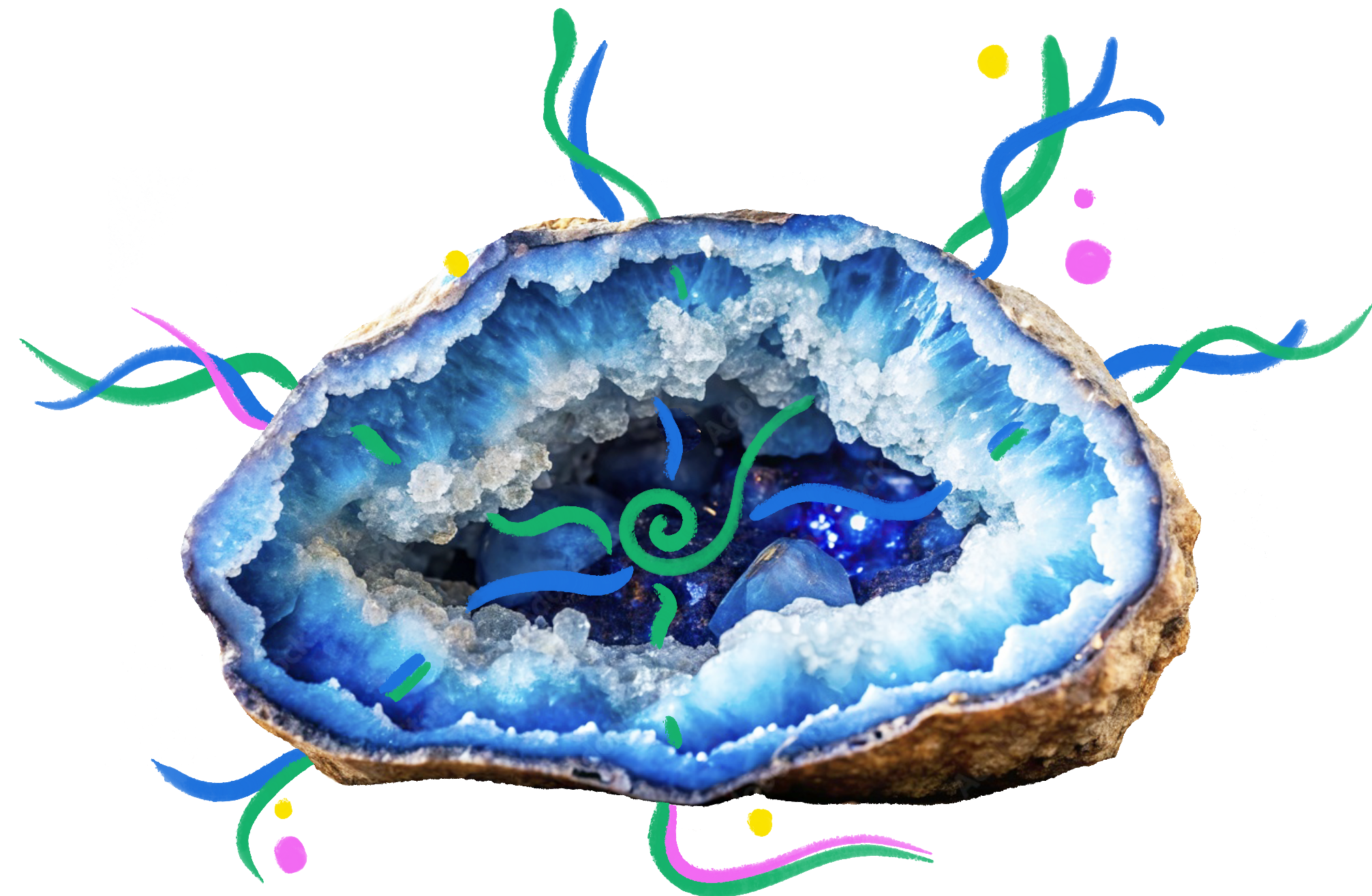 Close-up of a geode with blue crystals inside, surrounded by rough, beige outer rock. Green and blue decorative lines overlaid on the image.