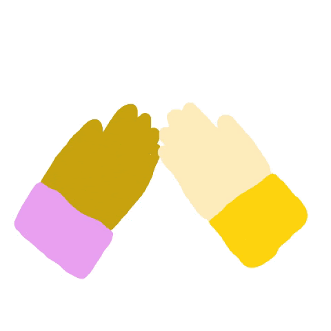 Two illustrated hands giving a high five, one with a purple sleeve and the other with a yellow sleeve.