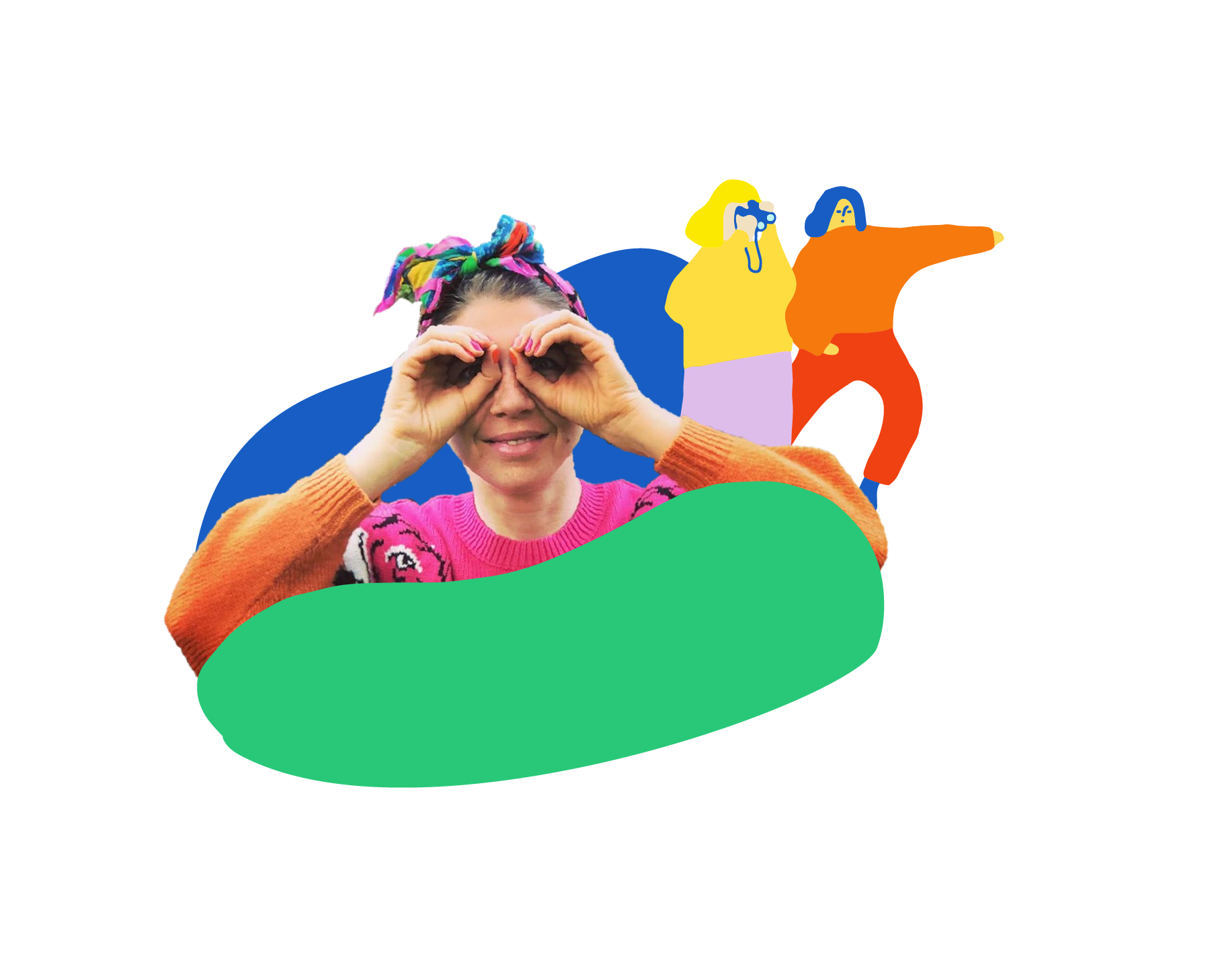 A woman smiling and posing with her hands forming binoculars around her eyes, wearing a colorful headscarf and a pink sweater with animal designs.