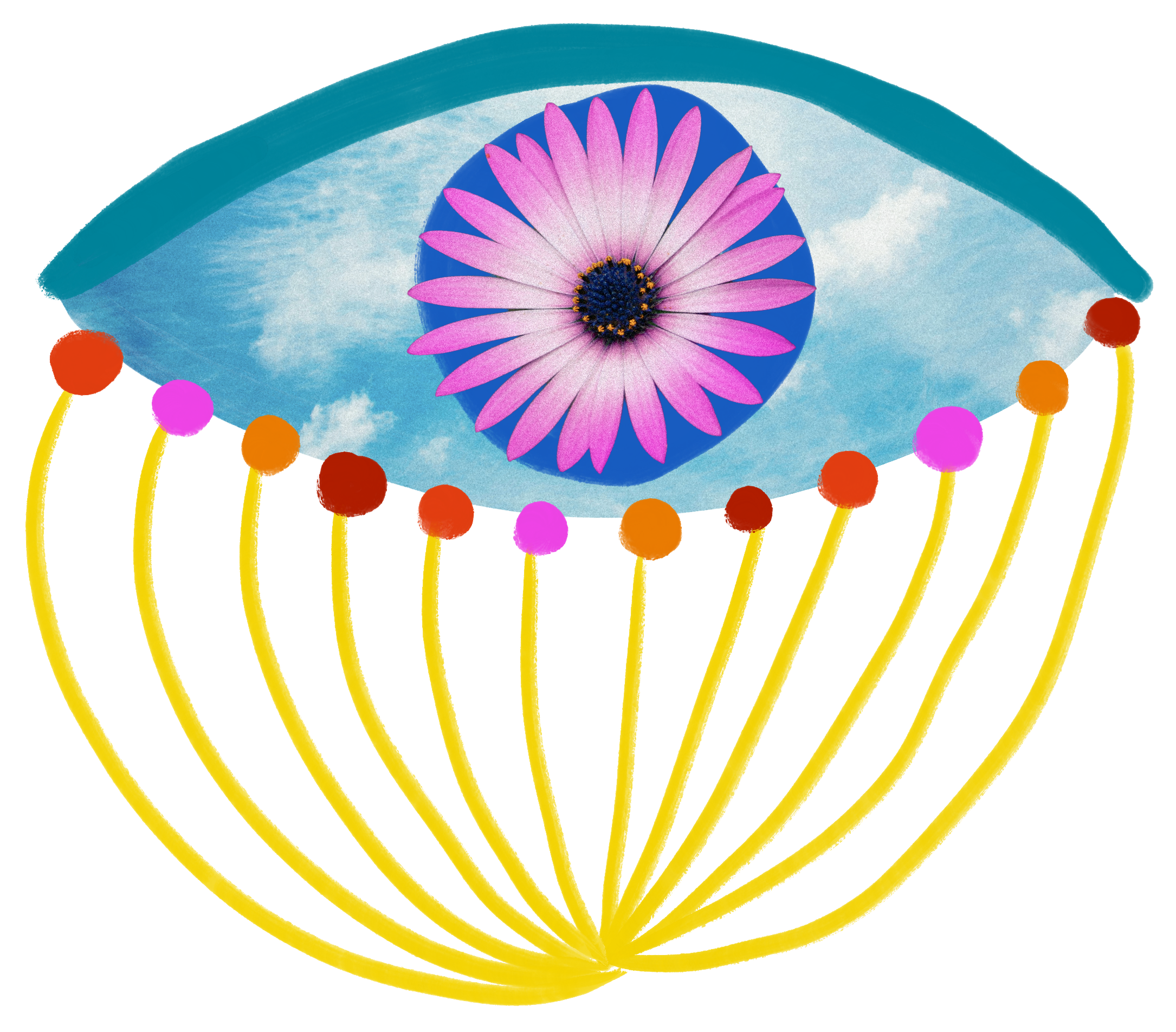 A vibrant eye with a pink daisy in the center