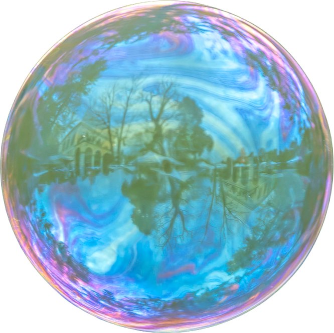 Colorful soap bubble reflecting trees and sky.