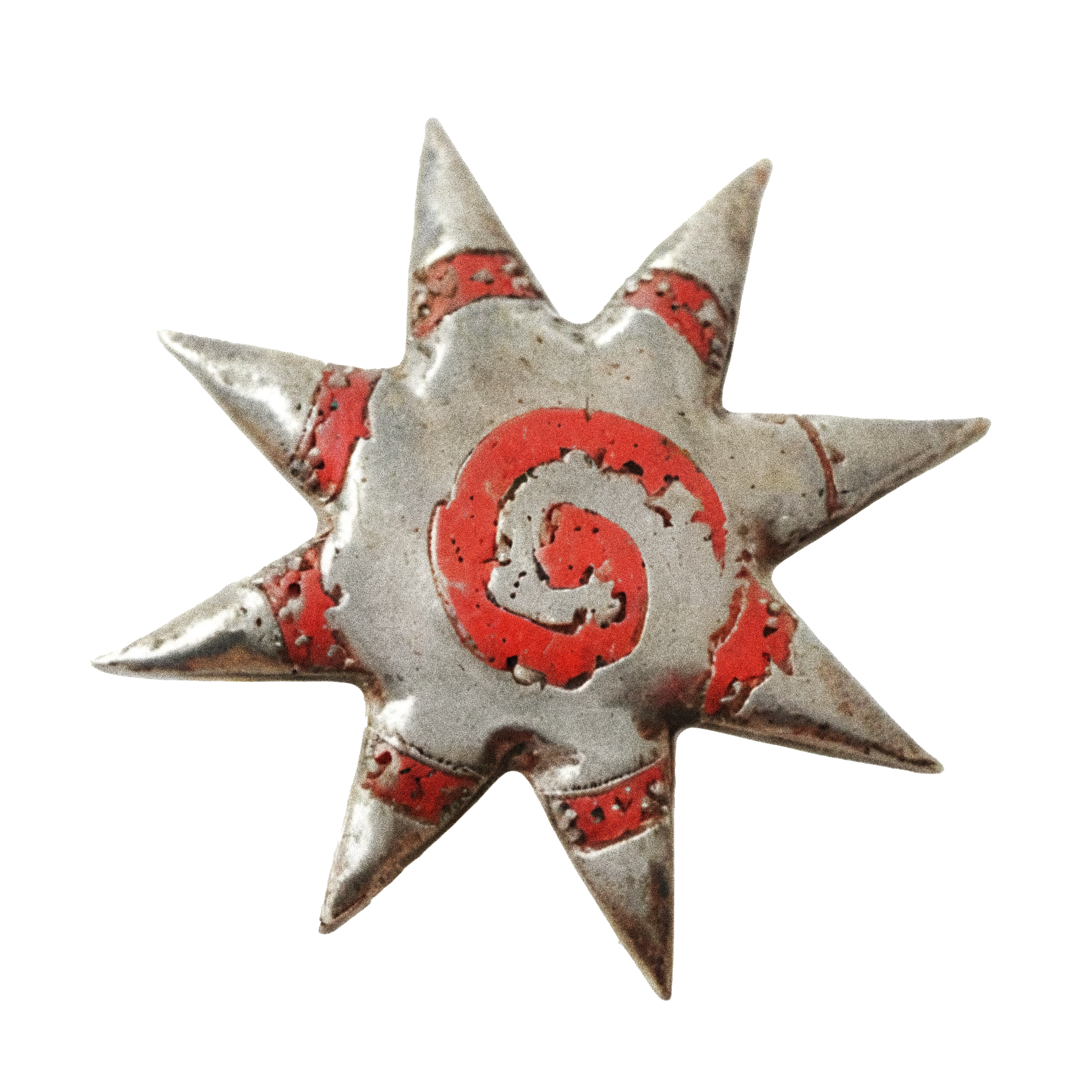 A decorative star-shaped ceramic tile with a distressed white finish and red and black floral patterns.