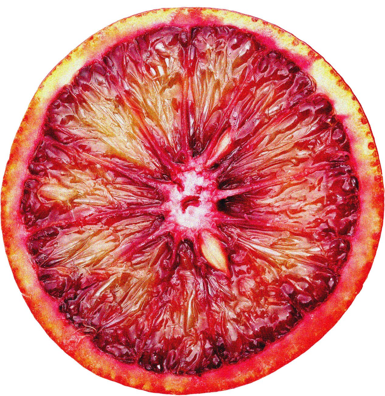 Close-up of a halved blood orange showing its red, juicy interior with segments and pulp.