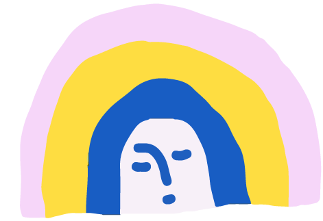 Simple abstract drawing of a face with closed eyes, surrounded by yellow and purple shapes.