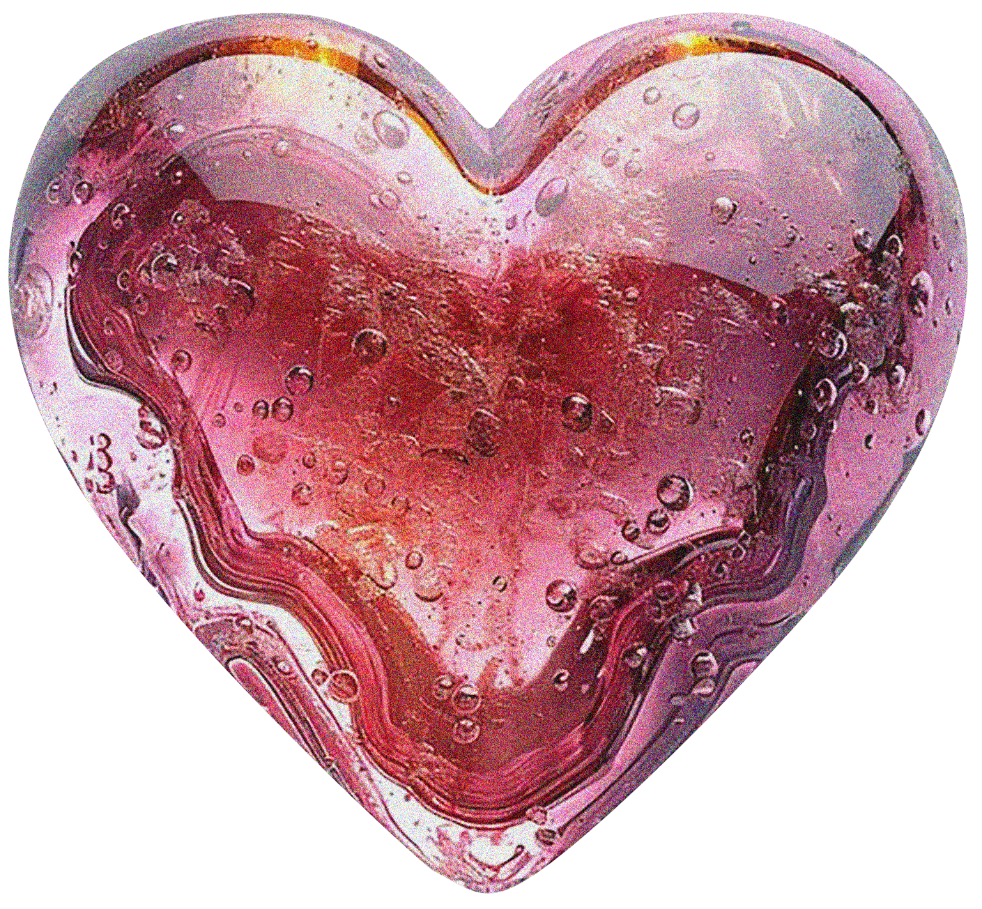 Pink heart-shaped object with a marbled pattern and bubbles inside,