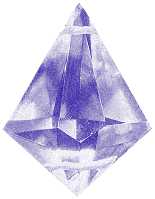 A clear, faceted diamond-shaped prism hanging or placed on a surface, with reflections and light play.