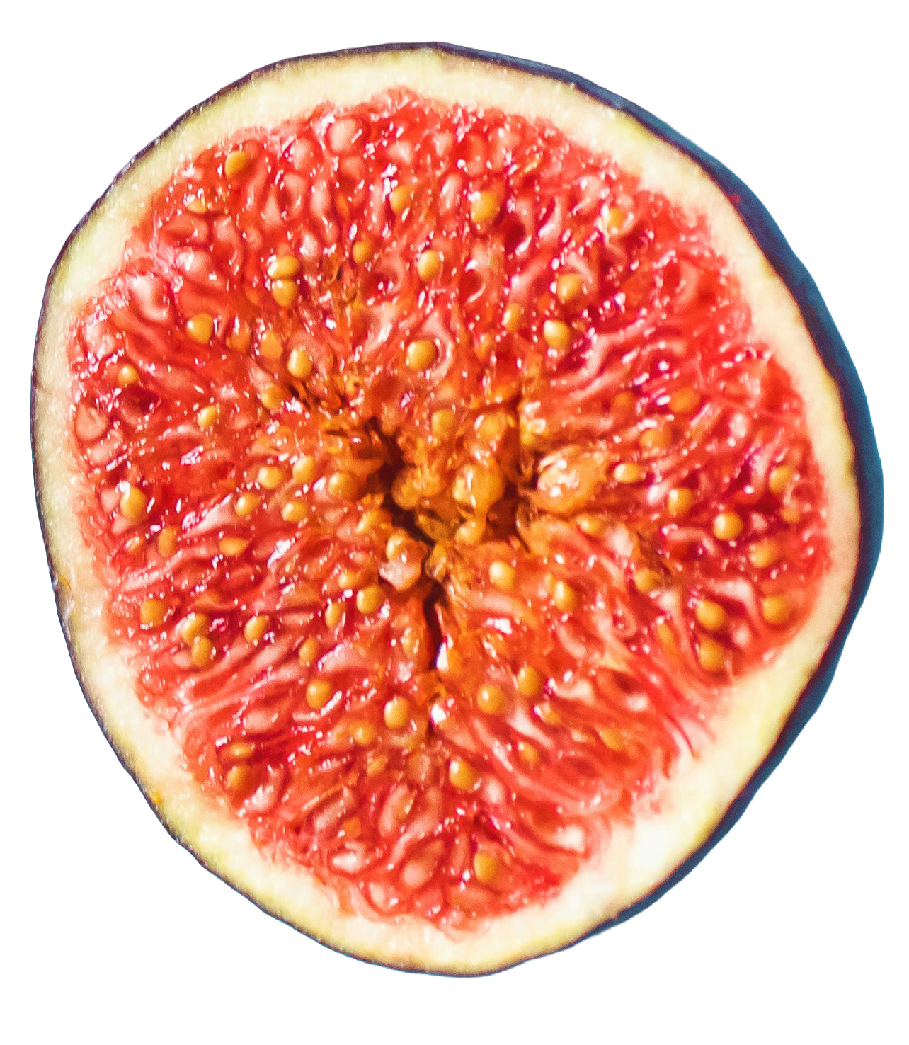 Close-up of a sliced ripe fig showing red interior, numerous small seeds, and light green outer skin.