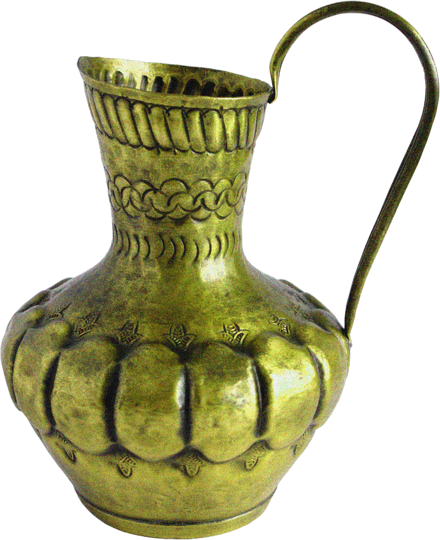 A brass decorative urn with a pointed lid and a curved handle, featuring engraved patterns and flame motifs on the body, set against a black background.