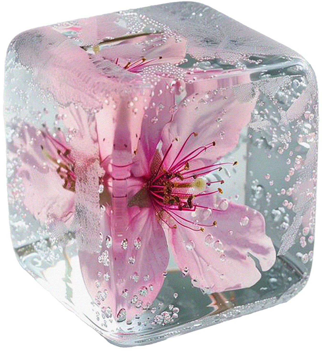 Pink flower encased in ice with water droplets on the surface.