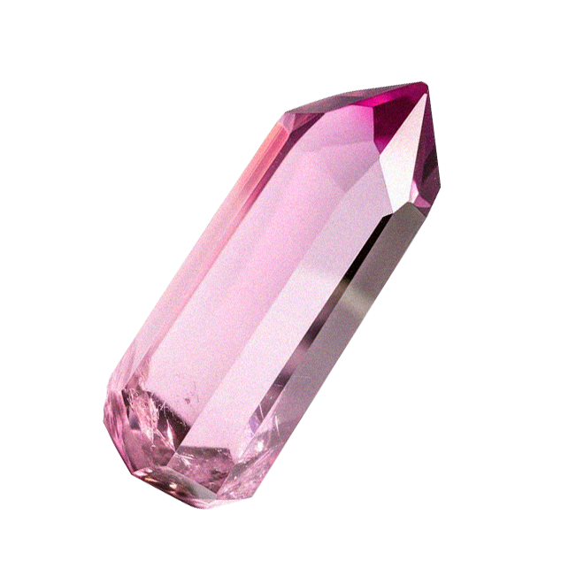 A pink, faceted crystal gemstone with a rectangular shape and bevelled edges.