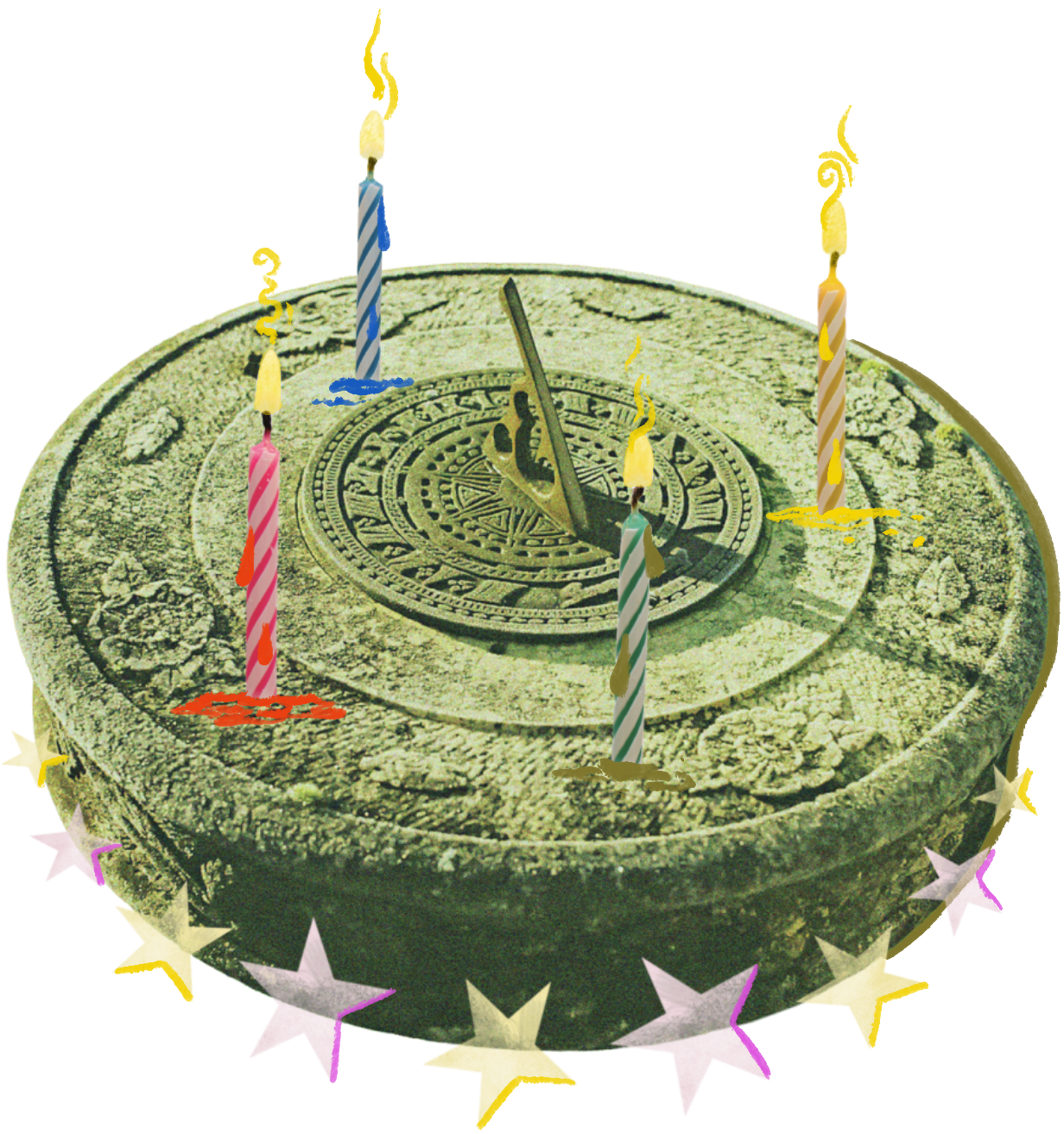 A sun dial with five lit birthday candles on top, surrounded by multicolored star-shaped decorations.