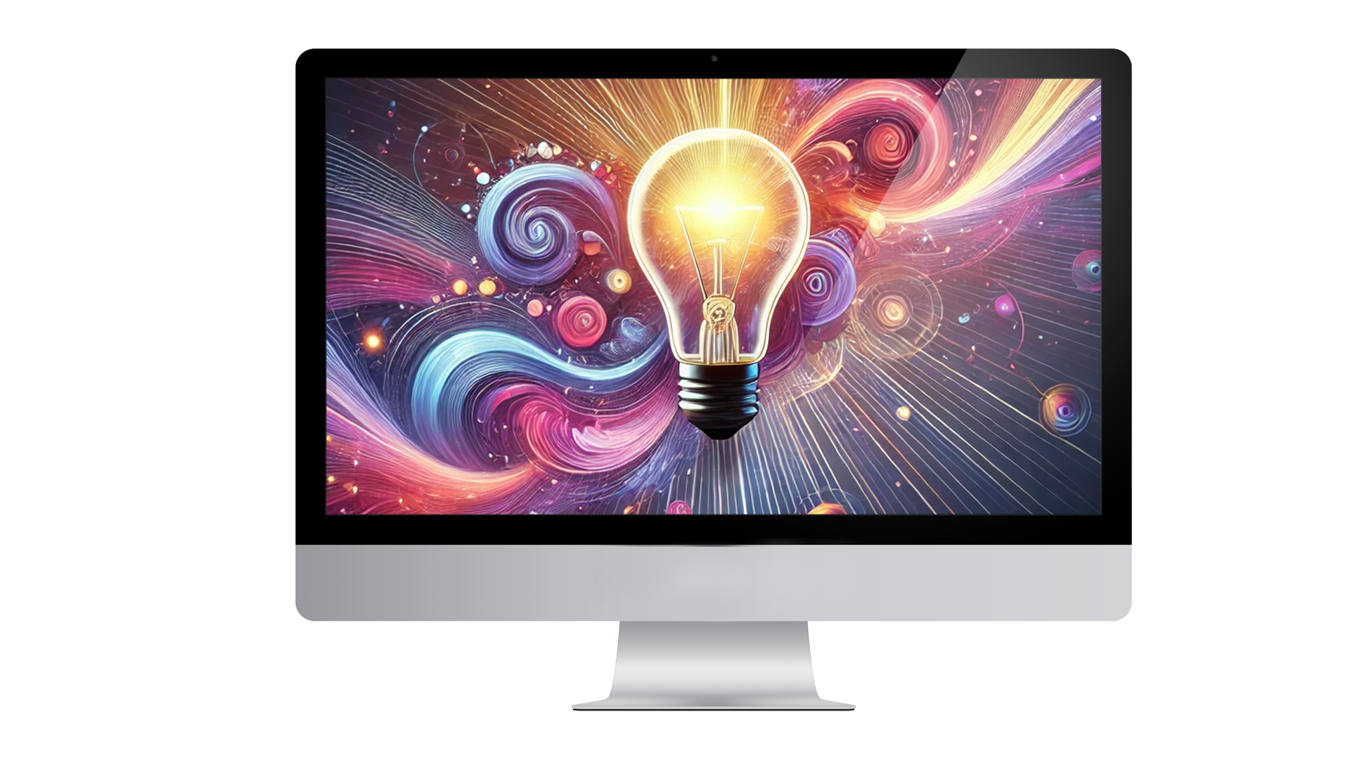 A computer monitor displays a colorful abstract digital art background featuring a glowing light bulb at the center surrounded by swirling lines and vibrant colors.