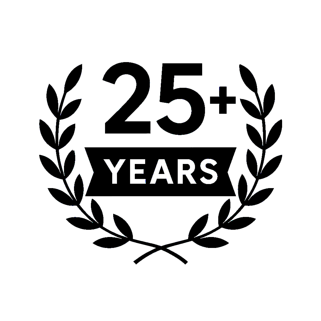 The image depicts 25+ Years in a circular leaf design.