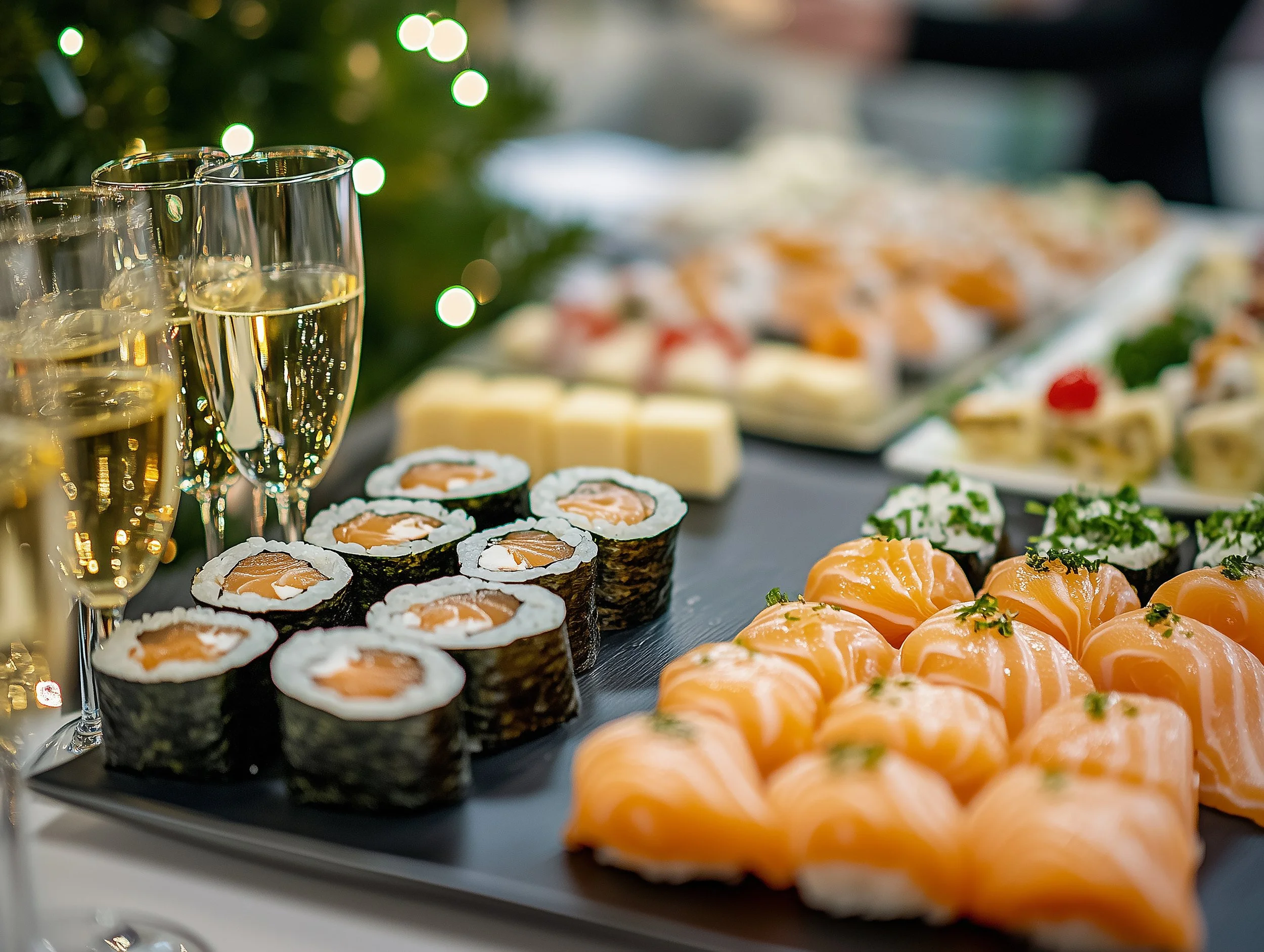A platter with sushi rolls topped with slices of salmon and greenery, and a row of champagne glasses filled with sparkling wine, with a blurred background showing a Christmas tree with lights and holiday treats.