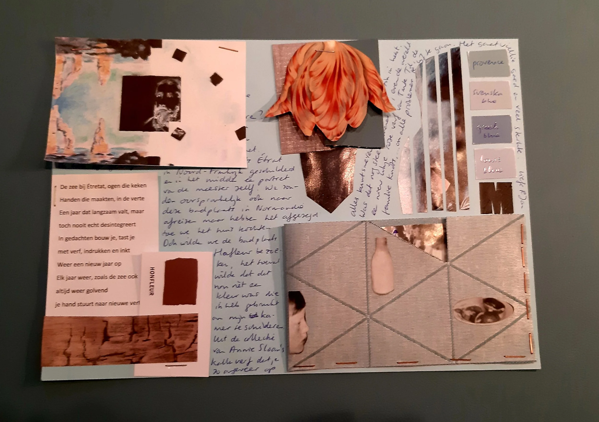 Een brief collage van meerdere afbeeldingen en getypte en  handgeschreven teksten, met onder andere een afbeelding van Monet, kleurstalen en een tulp.