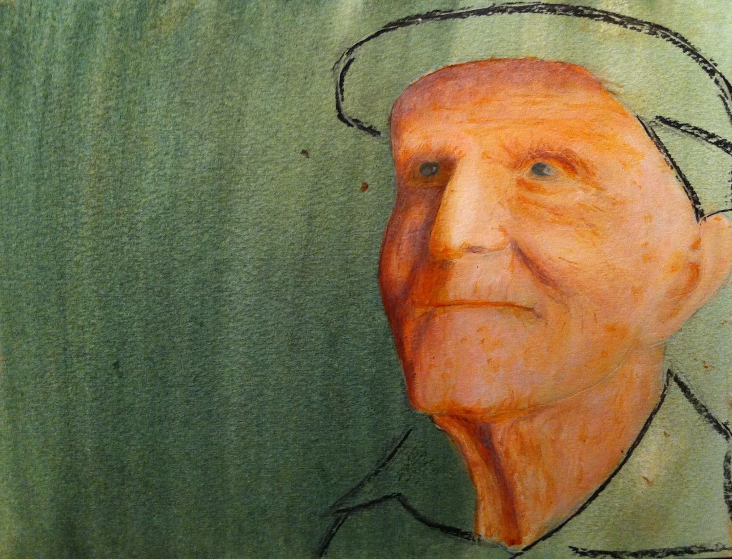 Een schets of schilderij van een oudere man met een groene  hoed
