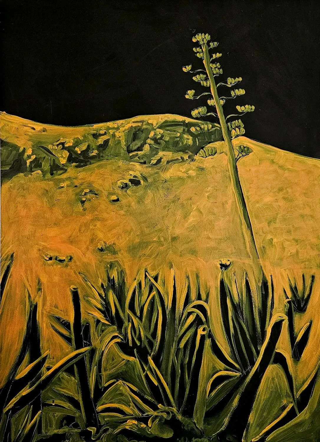 Een schilderij met een zwarte achtergrond waarop in groen en geel een afbeelding is geschilderd van agaves in een woestijn. De hemel is zwart, het lijkt een nachtelijke voorstelling. De stijl is wat naief, snel geschlderd met grove penseelstreken.