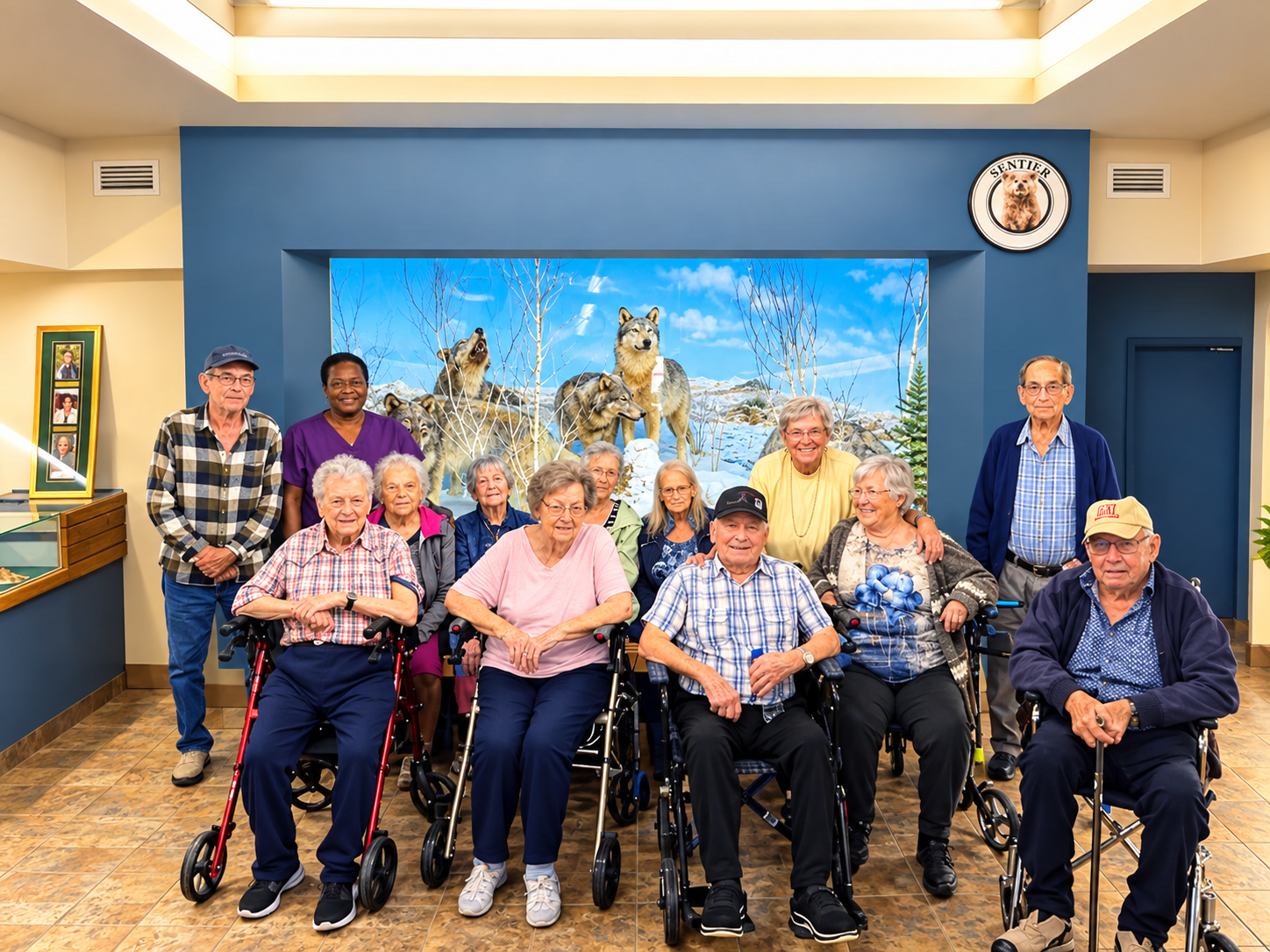 Groupe de personnes âgées, quelques-unes en fauteuil roulant, posant pour une photo dans une salle avec une fresque de loups dans la nature en arrière-plan.