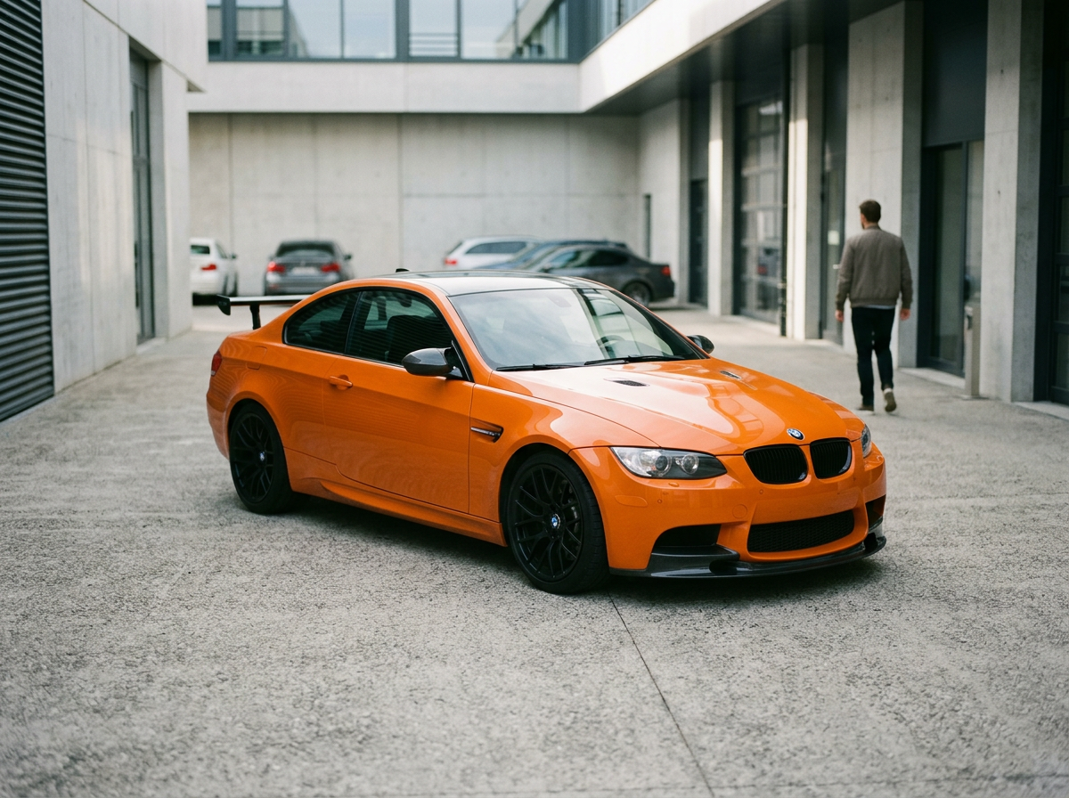 Orange sports car parked in an urban driveway with modern buildings in the background, and a man walking away.