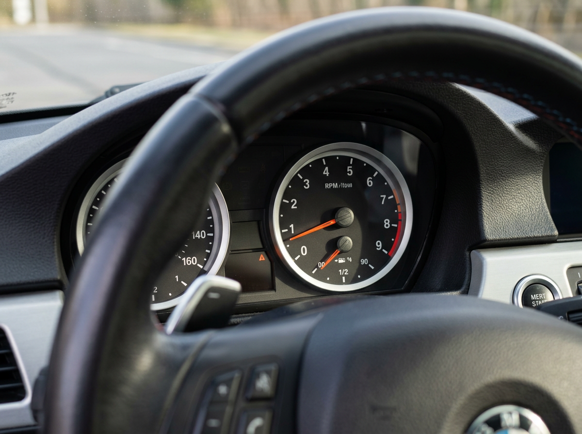 Inside view of a car dashboard showing a tachometer and speedometer, with the steering wheel in the foreground.