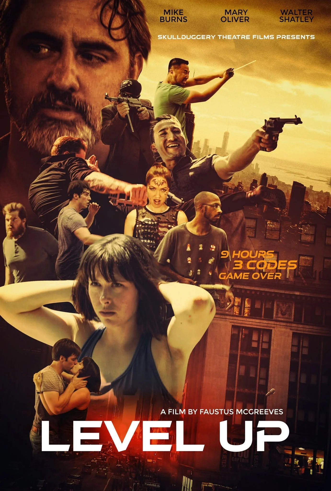 A collage of scenes from the movie 'Level Up', featuring a man with a gun, a woman with tattoos, a man in a green shirt aiming a laser pointer, and others in confrontational poses, with city skyscrapers in the background.