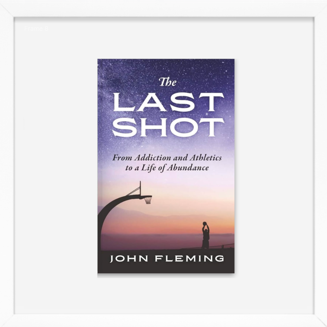 Book cover titled "The Last Shot" by John Fleming, featuring a silhouette of a basketball hoop and player against a colorful sunset sky with a starry night sky above.