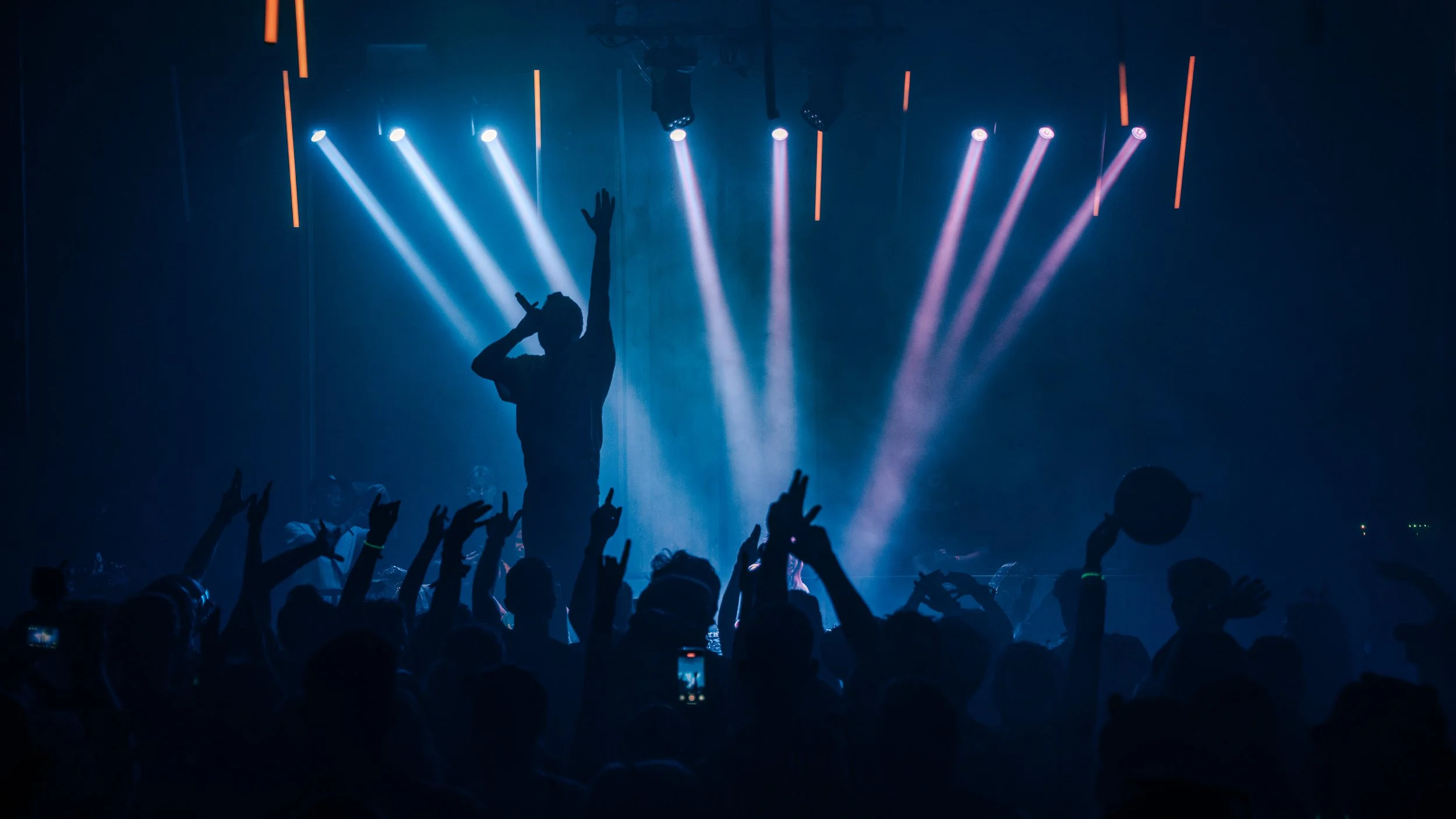 A concert scene with a singer on stage and bright blue and pink stage lights, surrounded by an audience with their hands raised.