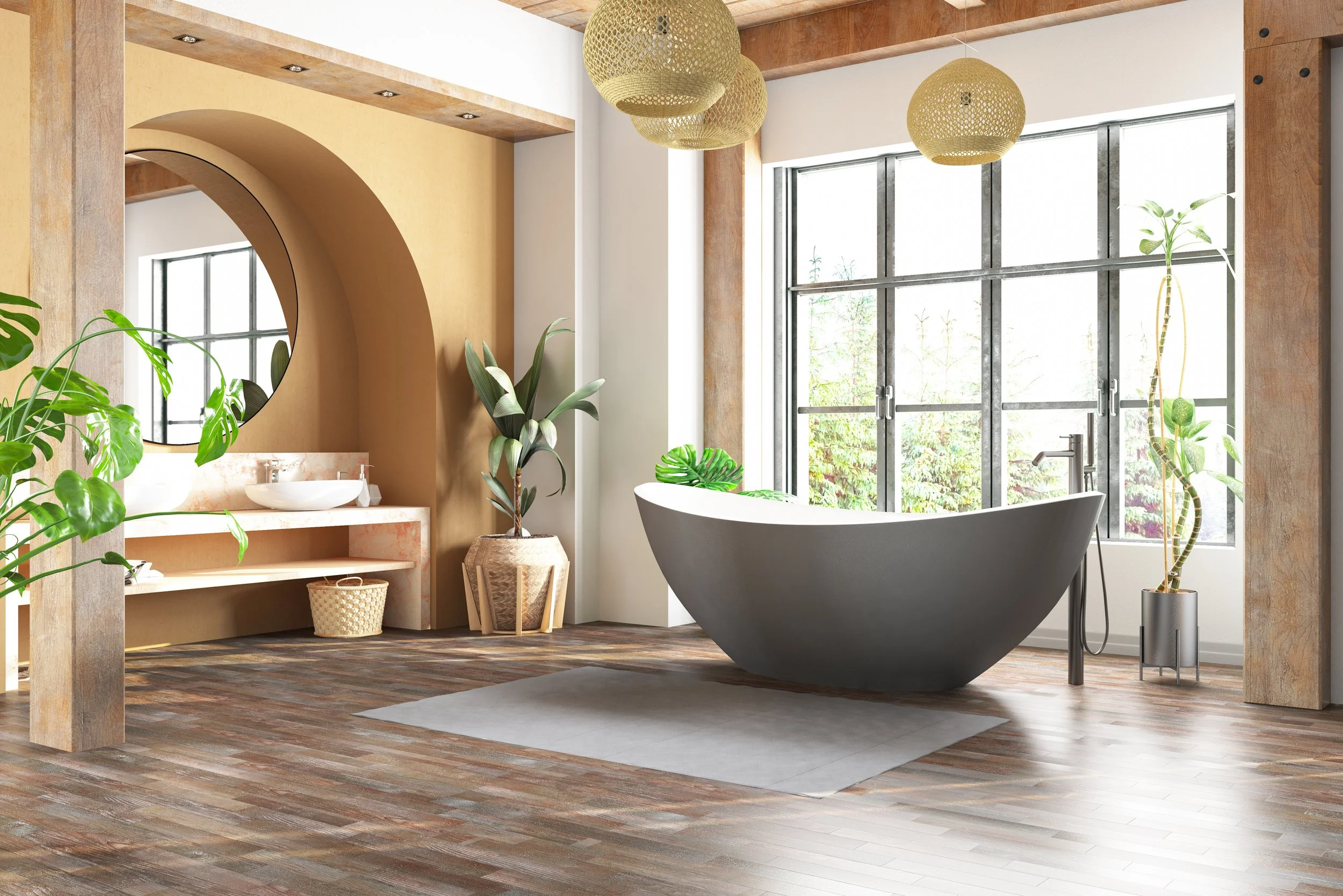Modern bathroom with a freestanding bathtub near large windows, wooden accents, green plants, and woven pendant lights.