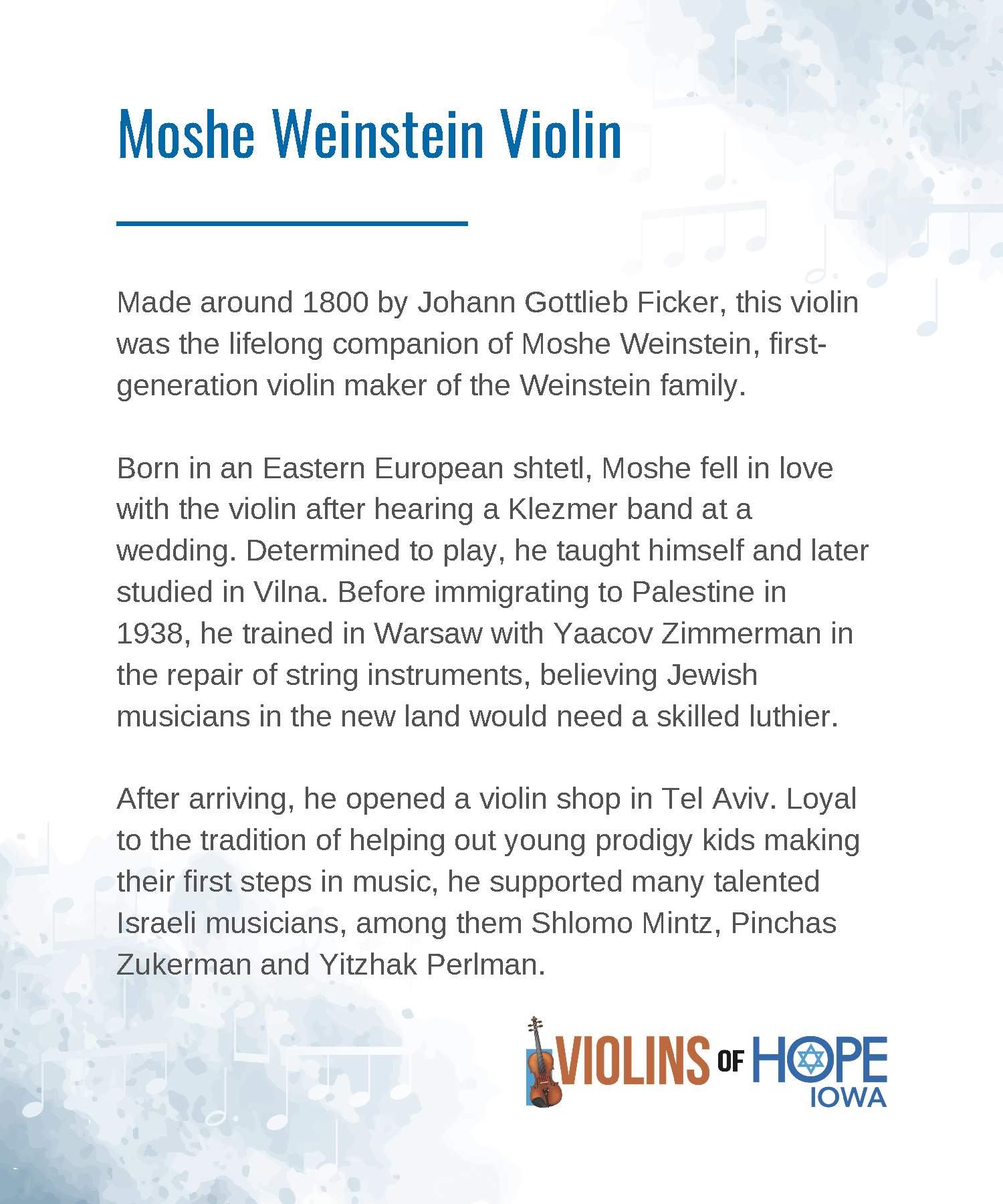 A webpage about Moshe Weinstein Violin, with text describing Weinstein's background, achievements, and involvement in the community, featuring a logo for Violins of Hope Iowa with a violin illustration and Star of David symbol.