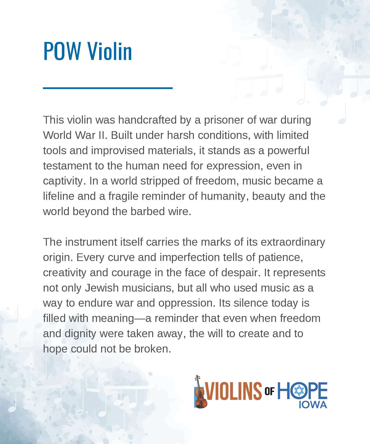 A poster with text about a handcrafted violin built by a prisoner of war during World War II, and the VOILINS of HOPE IOWA logo at the bottom right, featuring a violin and a Star of David symbol.