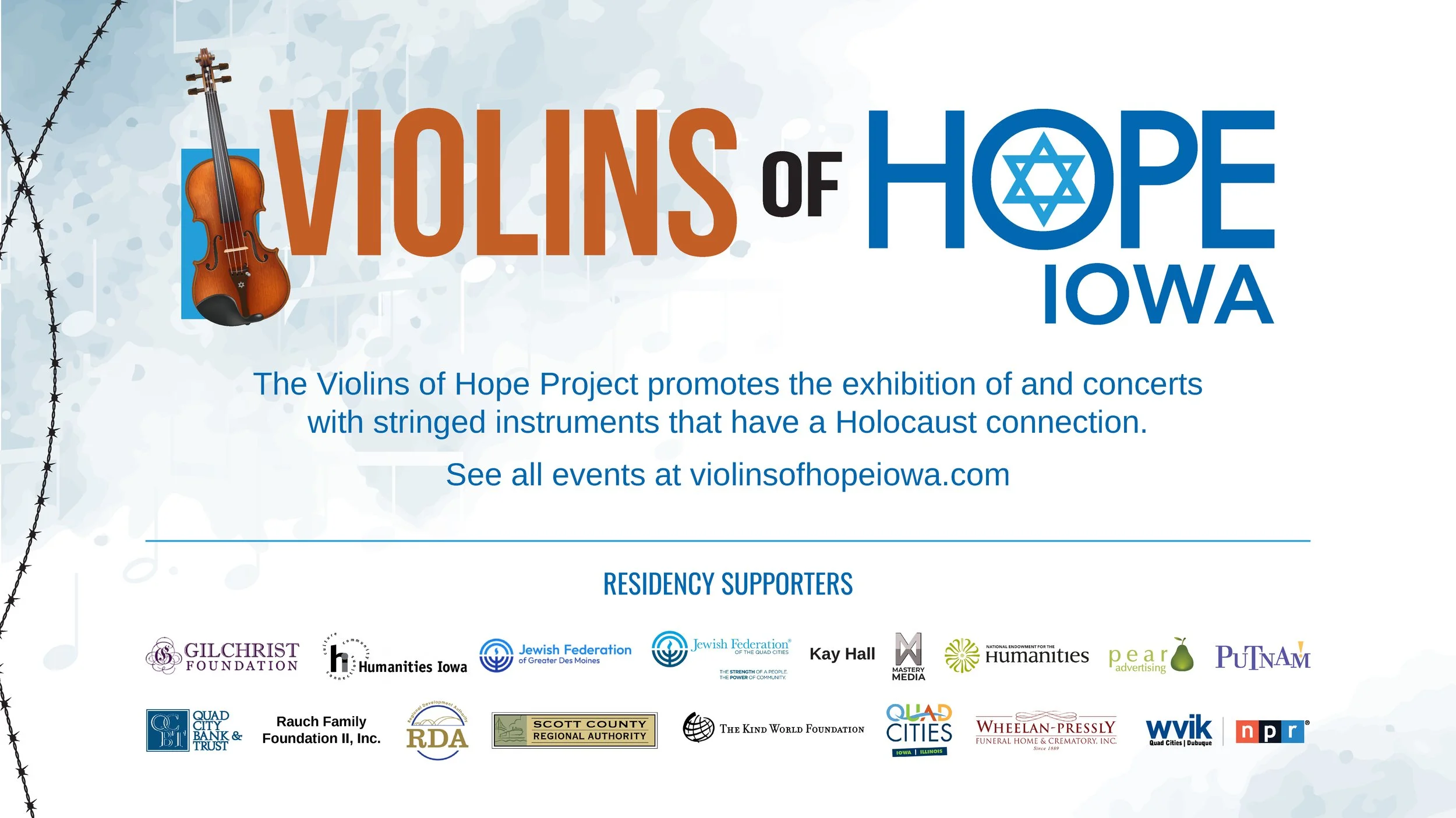 Promotional flyer for the Violins of Hope project in Iowa, featuring a violin, barbed wire, and logos of supporting organizations.