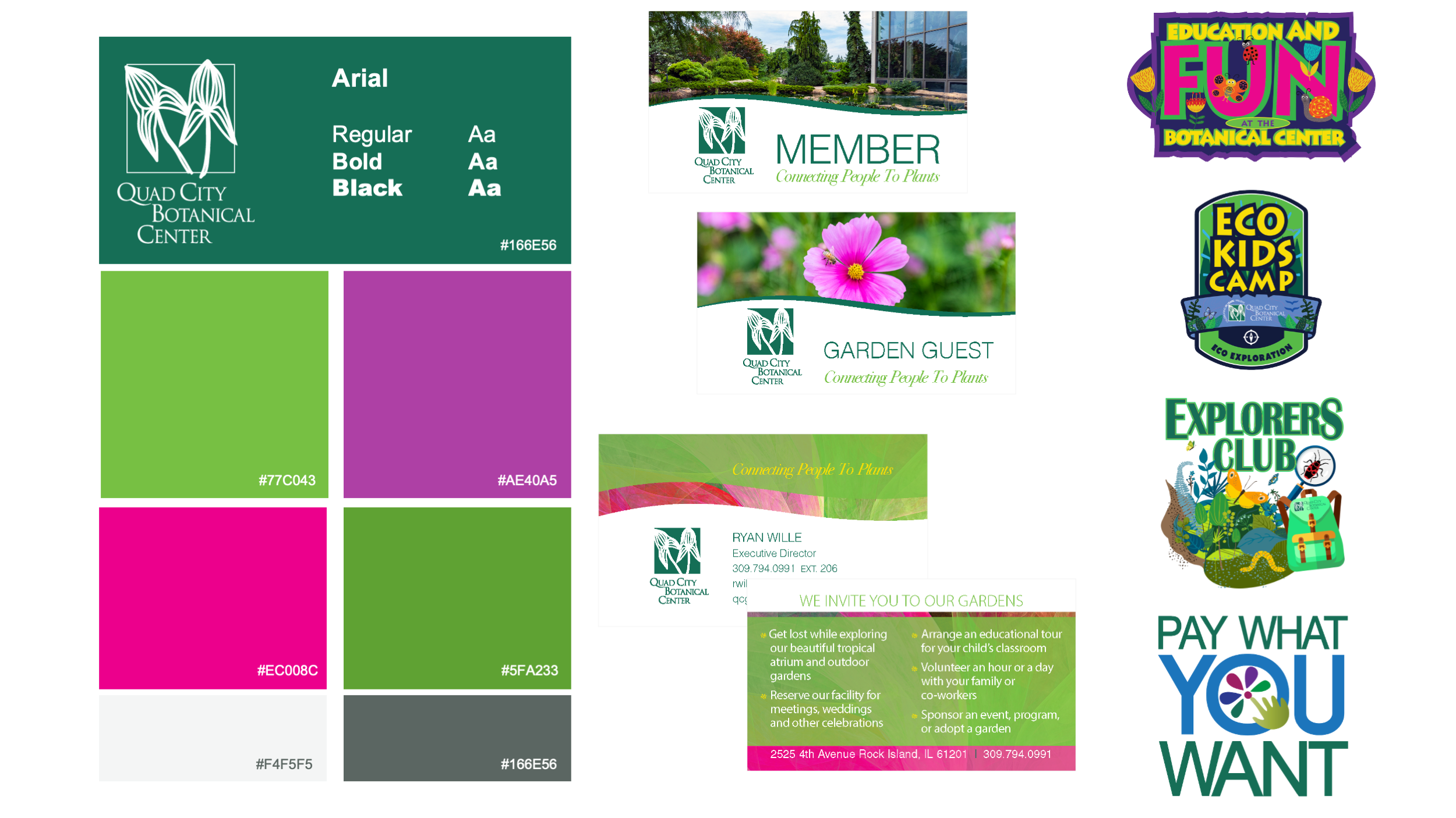 A collection of graphic design elements including a font style guide for Arial with sample text and color swatches, and a series of flyers and badges promoting activities and events at the Quad City Botanical Center such as education, eco camp, garden guest visits, and exploration activities.