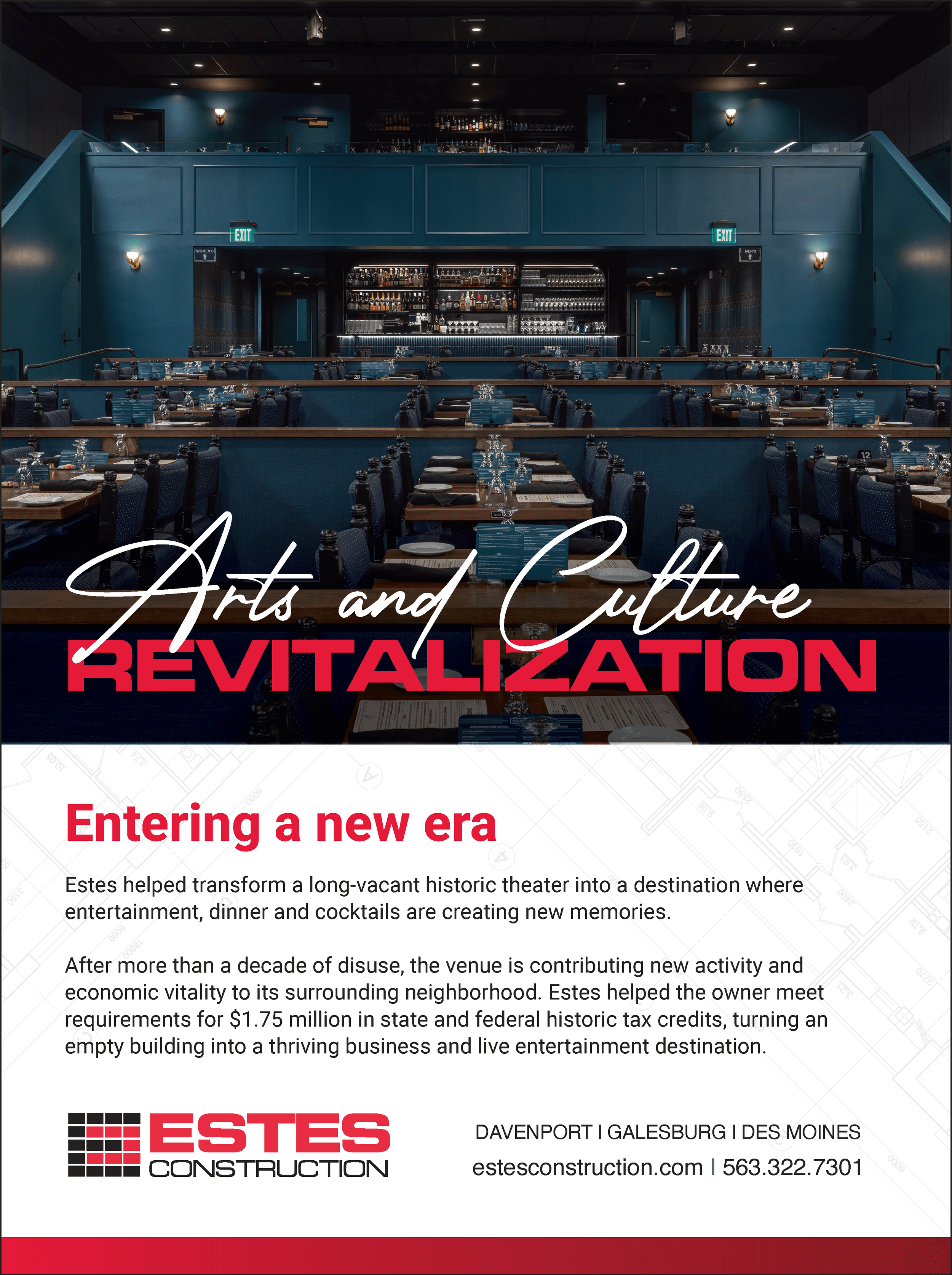 Interior of a transformed theater now functioning as a restaurant or event space, with seating and tables set for dining, featuring a bar area in the background, dim lighting, and a blue color scheme. Overlaid text reads "Arts and Culture REVITALIZATION" and mentions a historic theater turnaround.