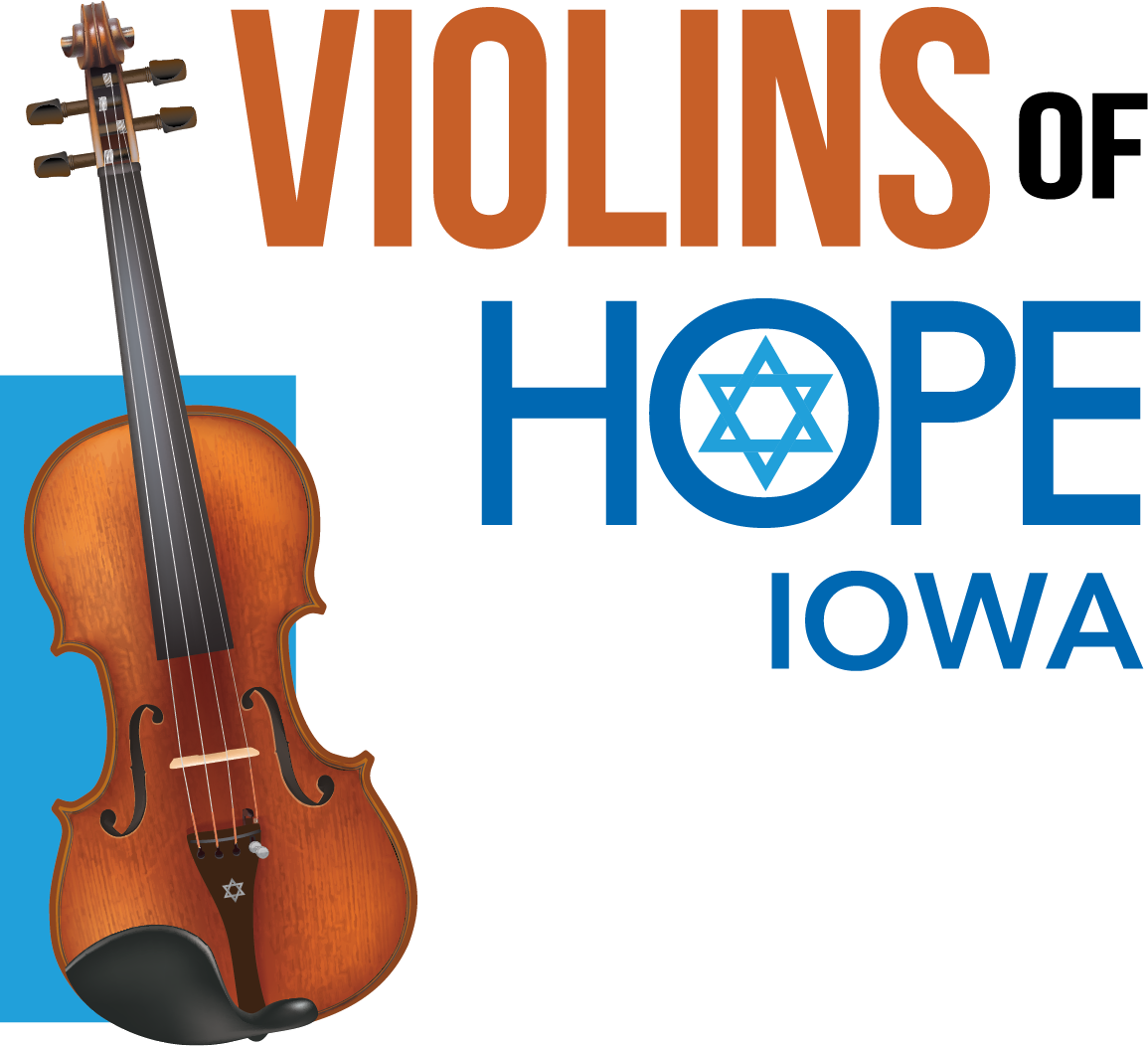 A digital illustration featuring a violin with a small Star of David on its body and a medical file with a blue cross symbol.