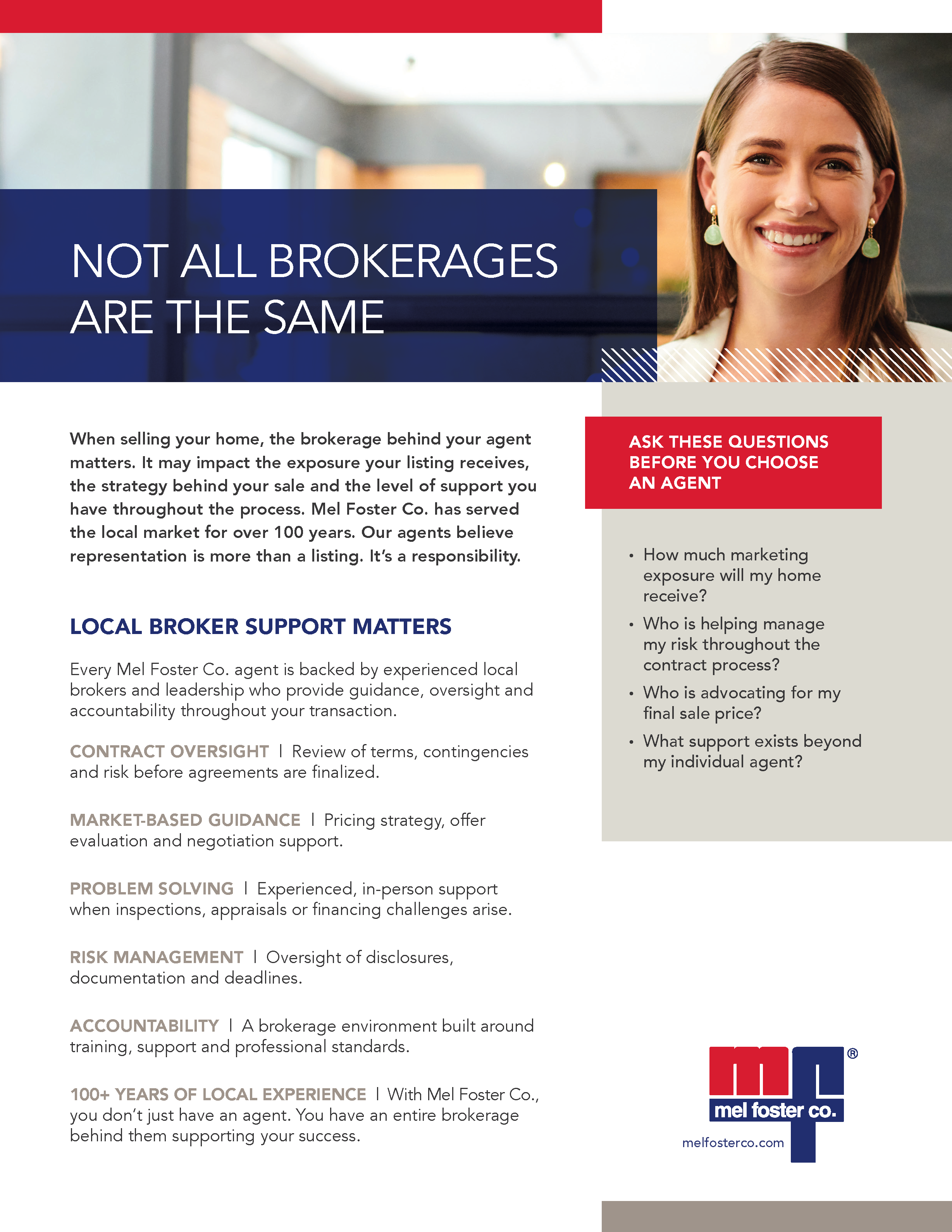 A professional flyer with a smiling woman, text highlighting real estate brokerage support, and the logo of Mel Foster Co., with a red and blue color theme.