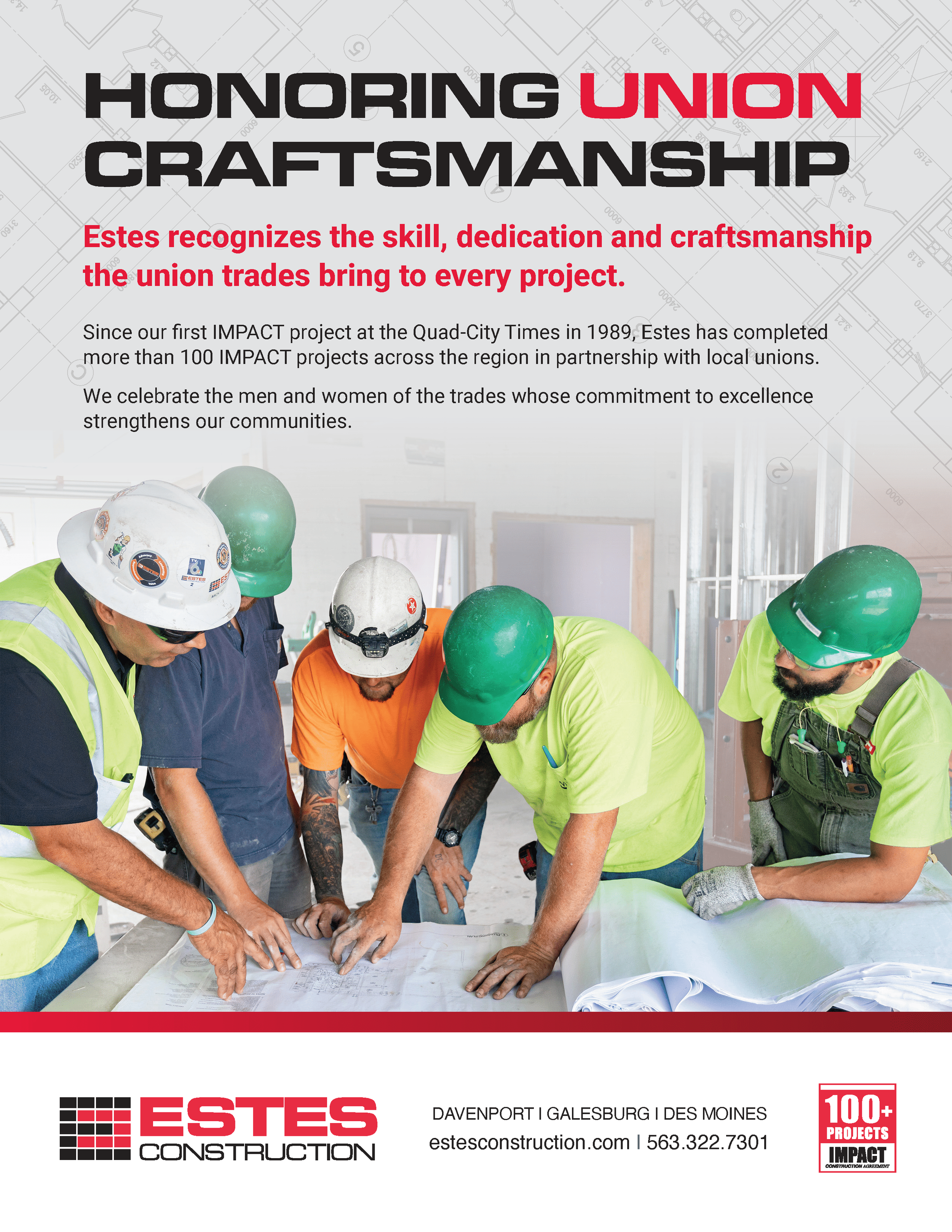 A group of construction workers wearing safety helmets and high-visibility clothing gathered around a blueprint at a construction site.