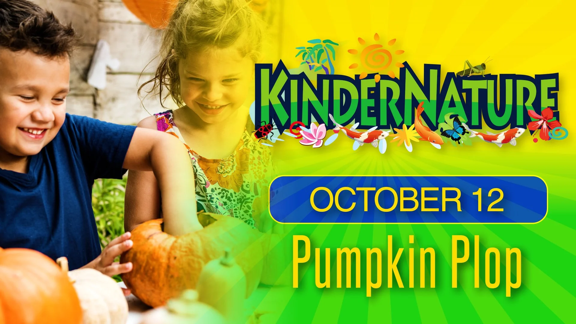 Children smiling and selecting pumpkins at a pumpkin patch for a fall event.