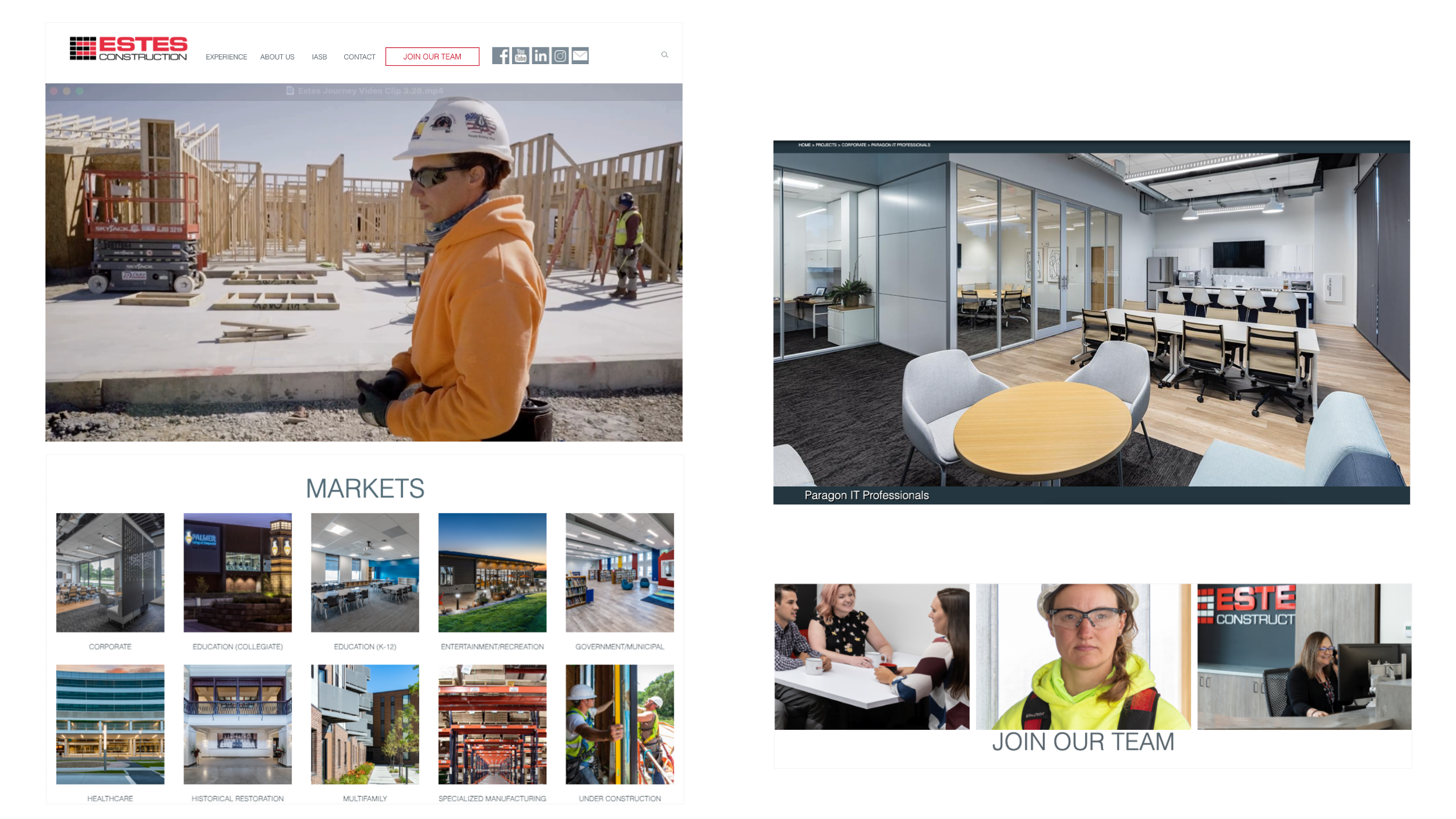 Side-by-side screenshots of construction and office environments. The left shows workers at a building site with wooden framing and construction equipment, while the right depicts a modern, well-furnished office space with glass walls and conference areas.
