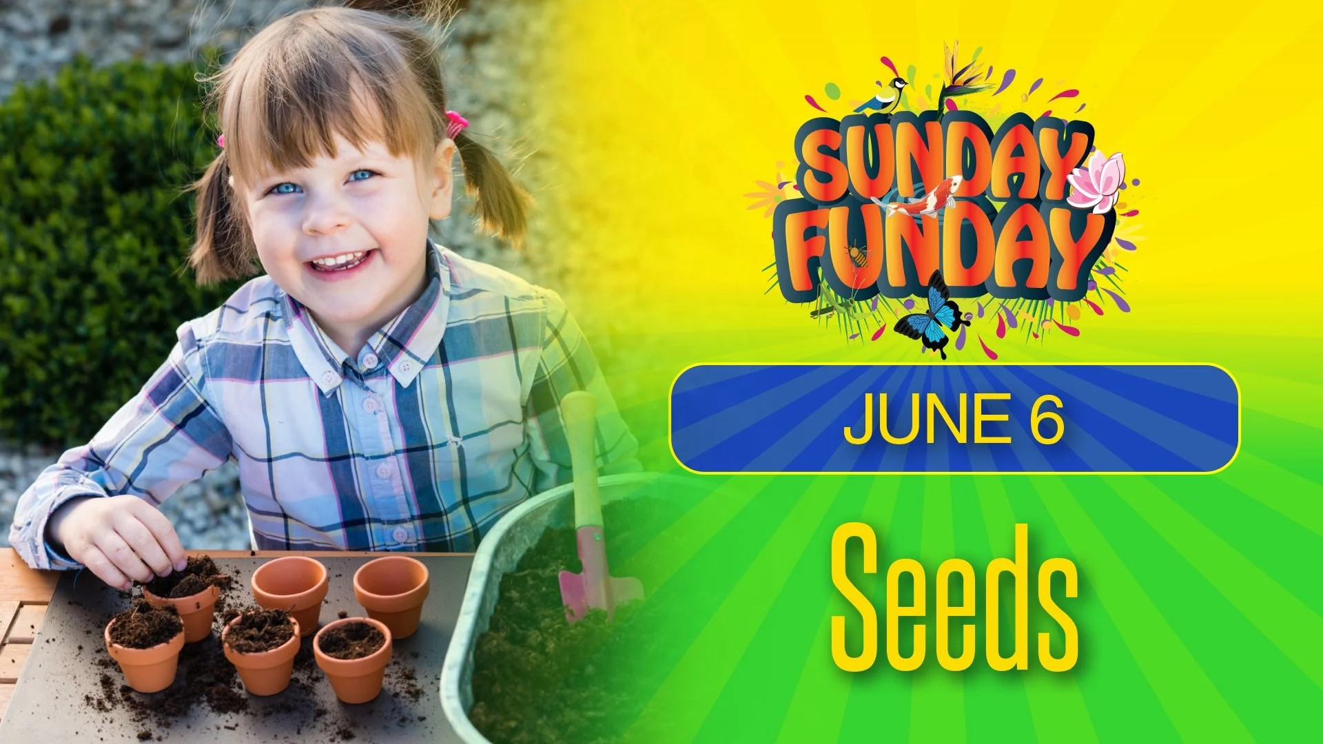 A young girl with brown hair, blue eyes, and a checkered shirt planting seeds in small pots outside during daytime.