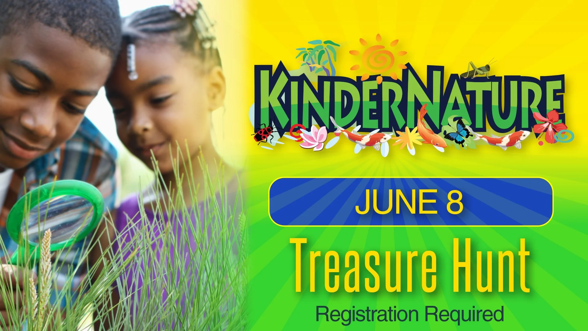 Children engaged in a nature treasure hunt with a magnifying glass, surrounded by tall grass, promoting an outdoor activity event on June 8.