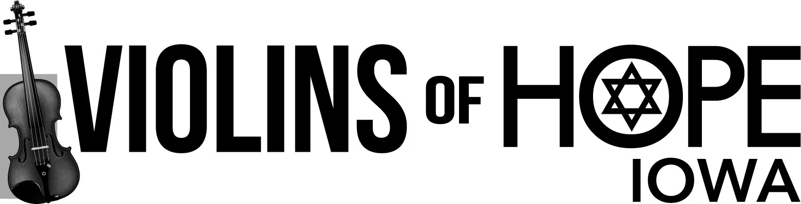Logo with the words "Vio lins of Hope Iowa" in black letters, with a black violin on the left, and a Star of David inside a circle replacing the letter O in "Hope".