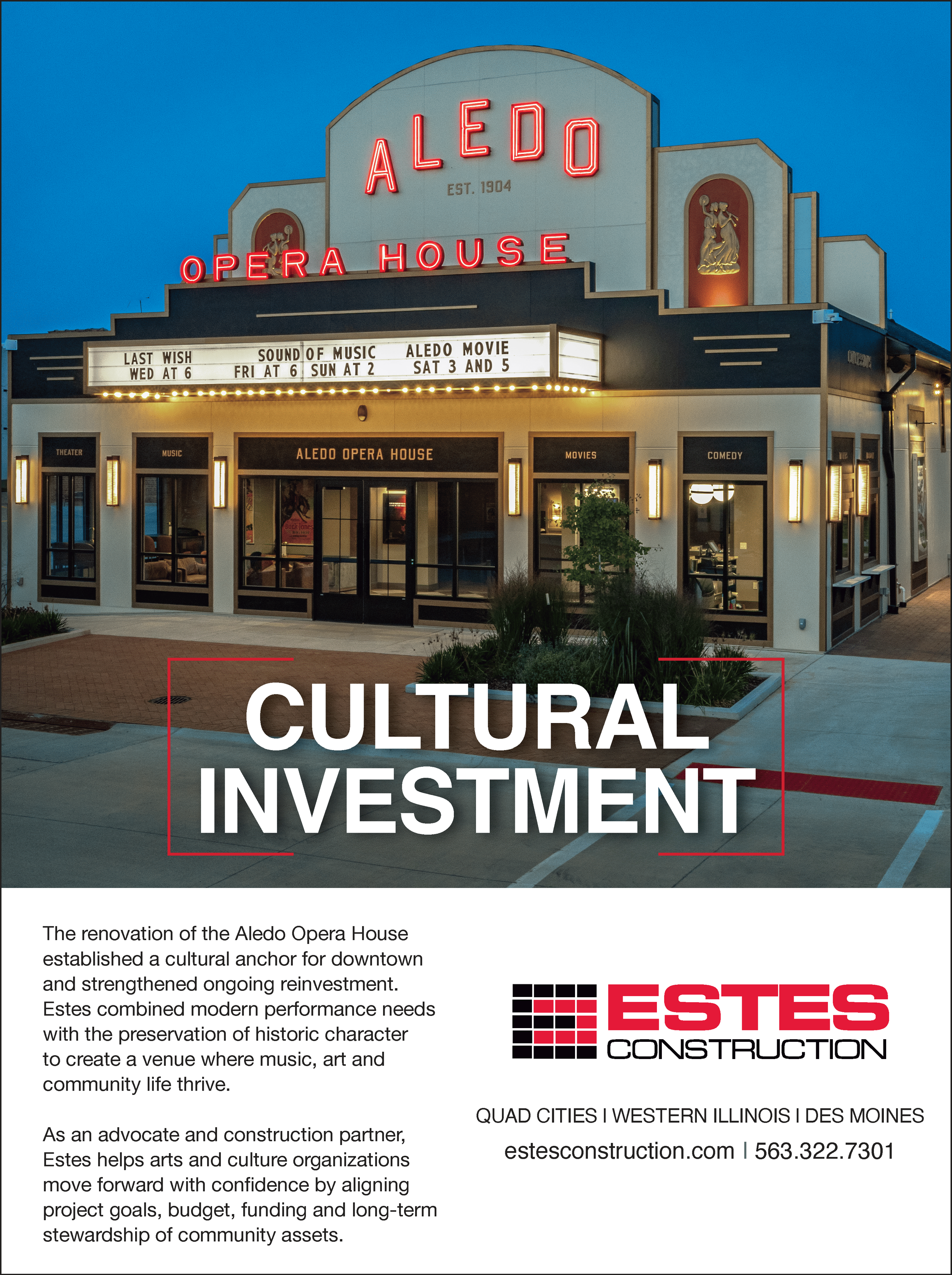 Exterior of the Alredo Opera House with illuminated signage, marquee displaying event information, and a graphic logo of Estes Construction at the bottom right.