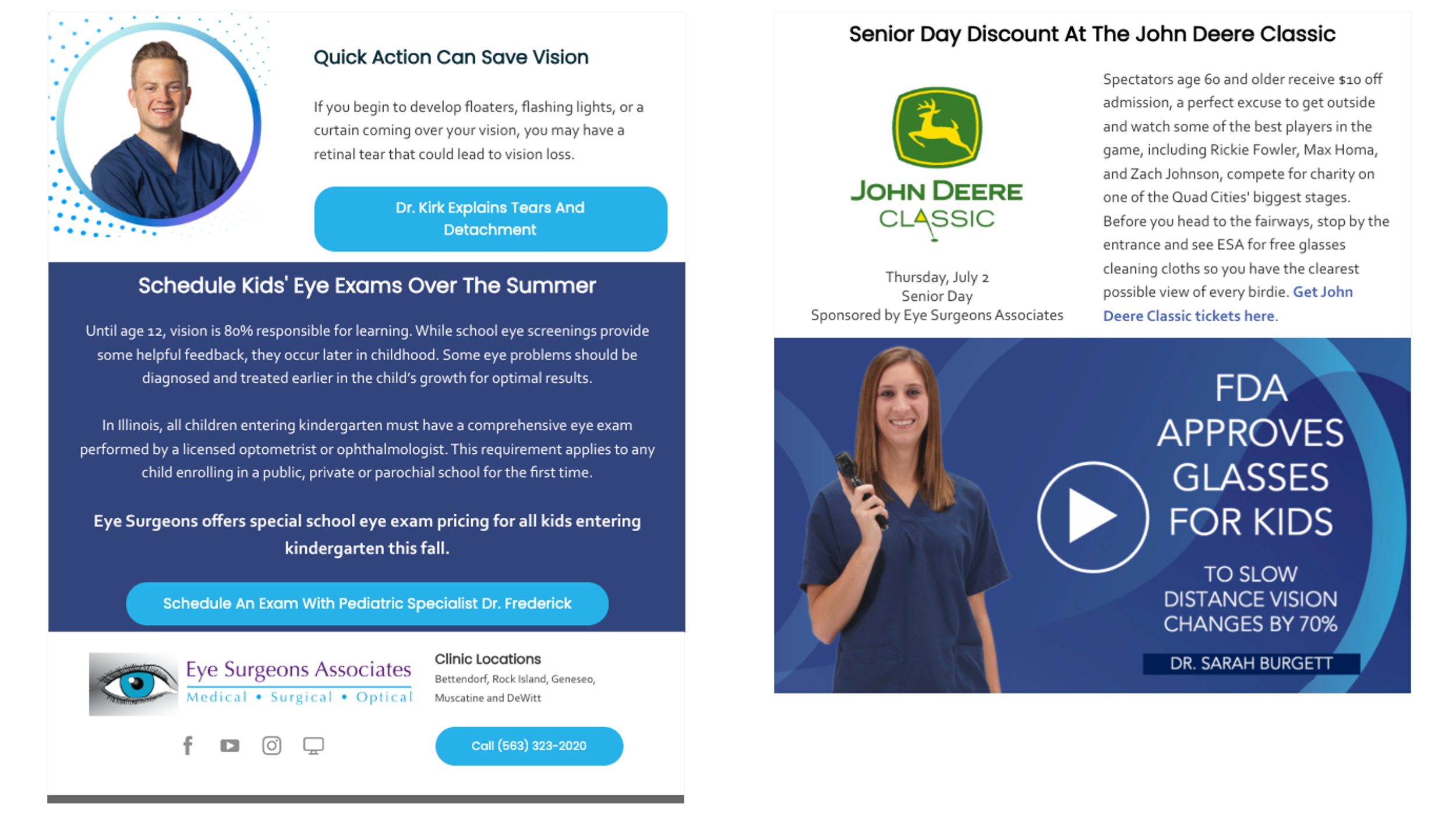 A digital flyer advertising eye care services and events. It includes a photo of a smiling young man in medical scrubs, and an image of a woman in blue scrubs holding a device. The flyer features colorful sections with information on eye health, scheduling exams, and upcoming events like the John Deere Classic golf tournament and Senior Day discounts. The text highlights eye exams and glasses for kids, and contact details of the eye care provider.