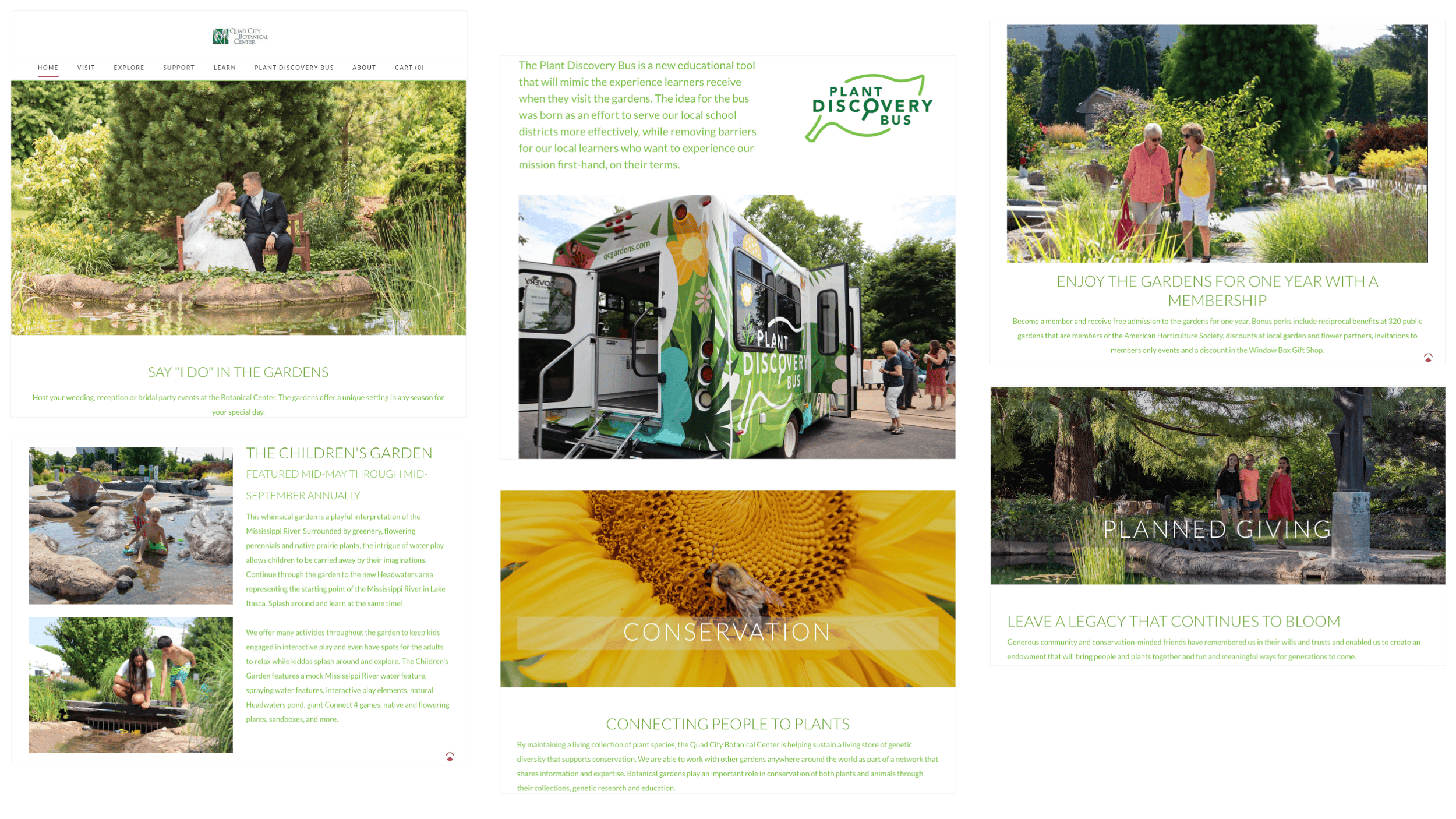 A website homepage for Quad City Botanical Center featuring images of gardens, a wedding, a plant discovery bus, children playing in a water feature, and people walking through lush green gardens.