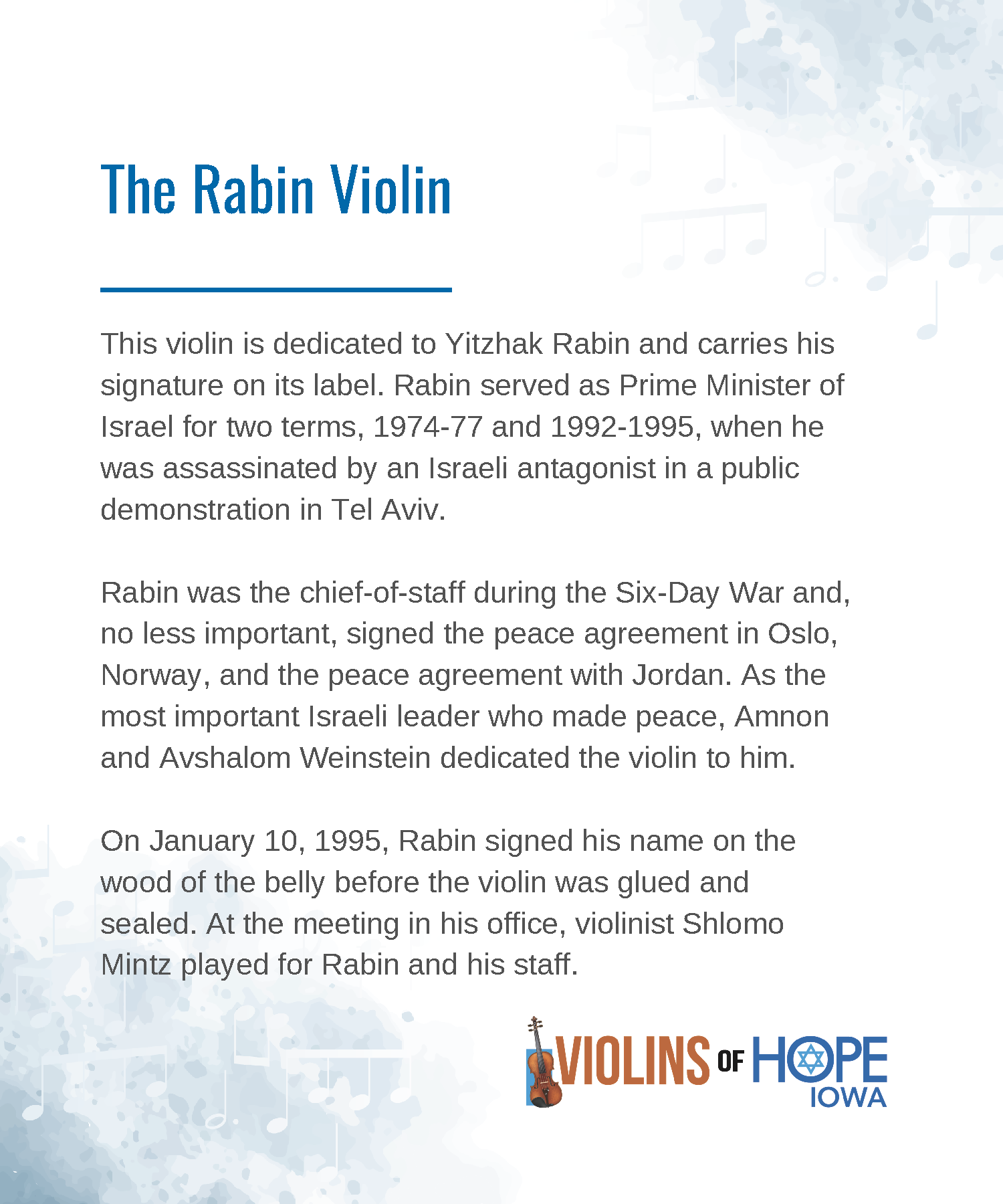 Logo for Vio lins of Hope Iowa featuring a violin with a Star of David in the center, and the text VIOLINS OF HOPE IOWA
