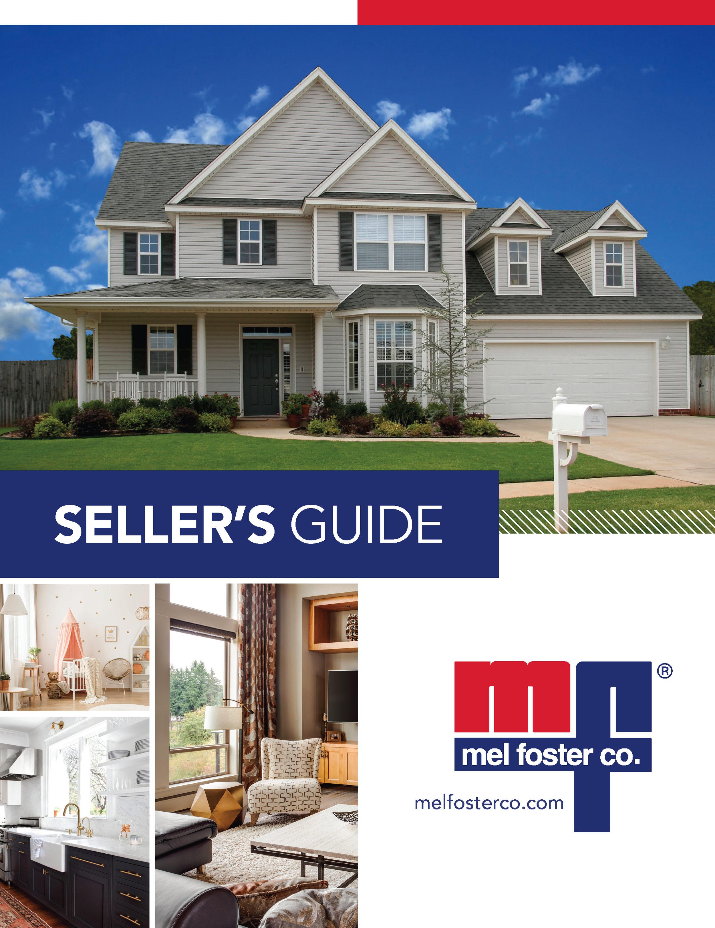 Cover of a seller's guide for selling a house, featuring an image of a large two-story white house with a well-maintained front lawn, and colorful interior photos of a child's playroom, a window with curtains, and a kitchen with cabinets.
