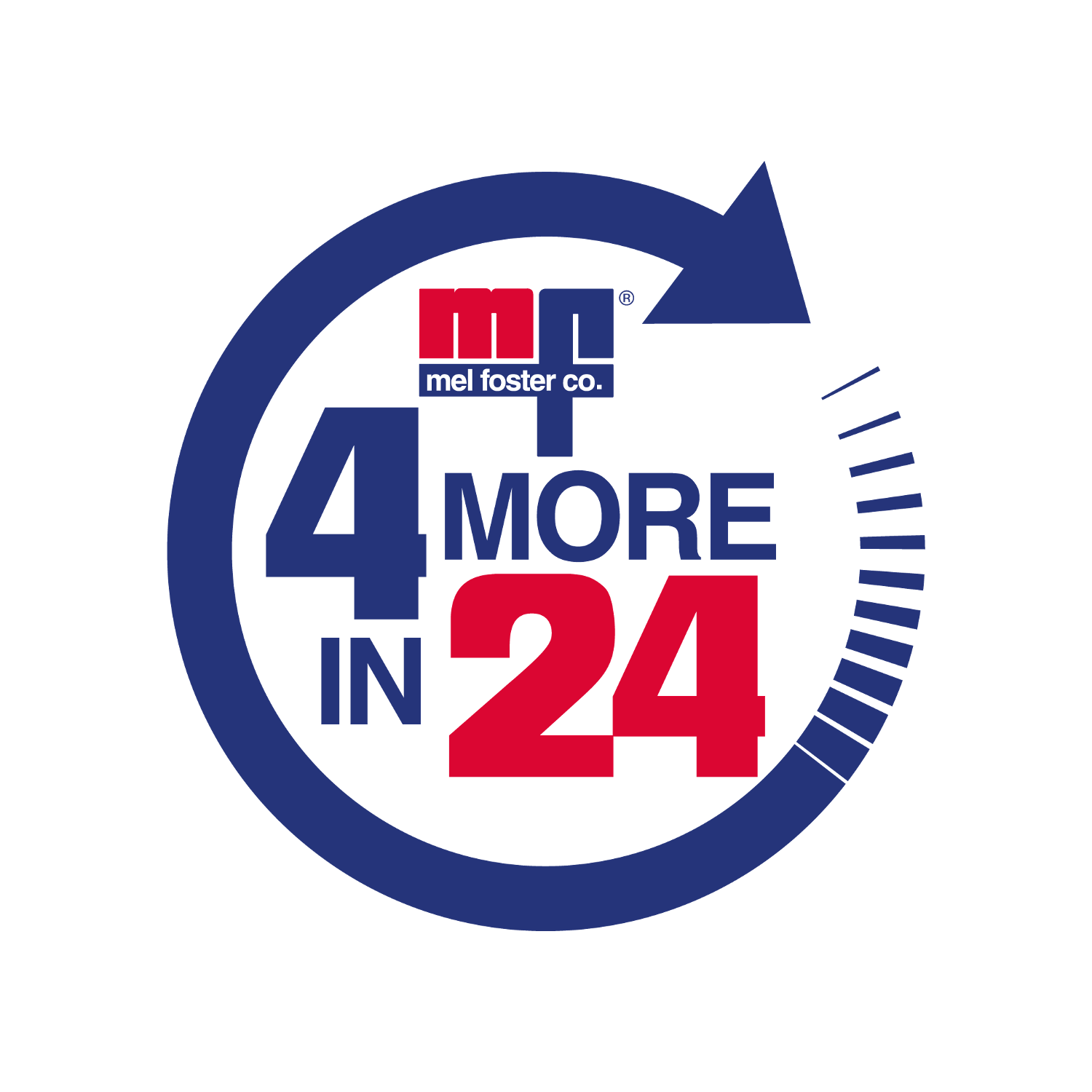A logo with a blue circular arrow and text that reads '4 more in 24' in red and blue, with the Mel Foster Company logo at the top.