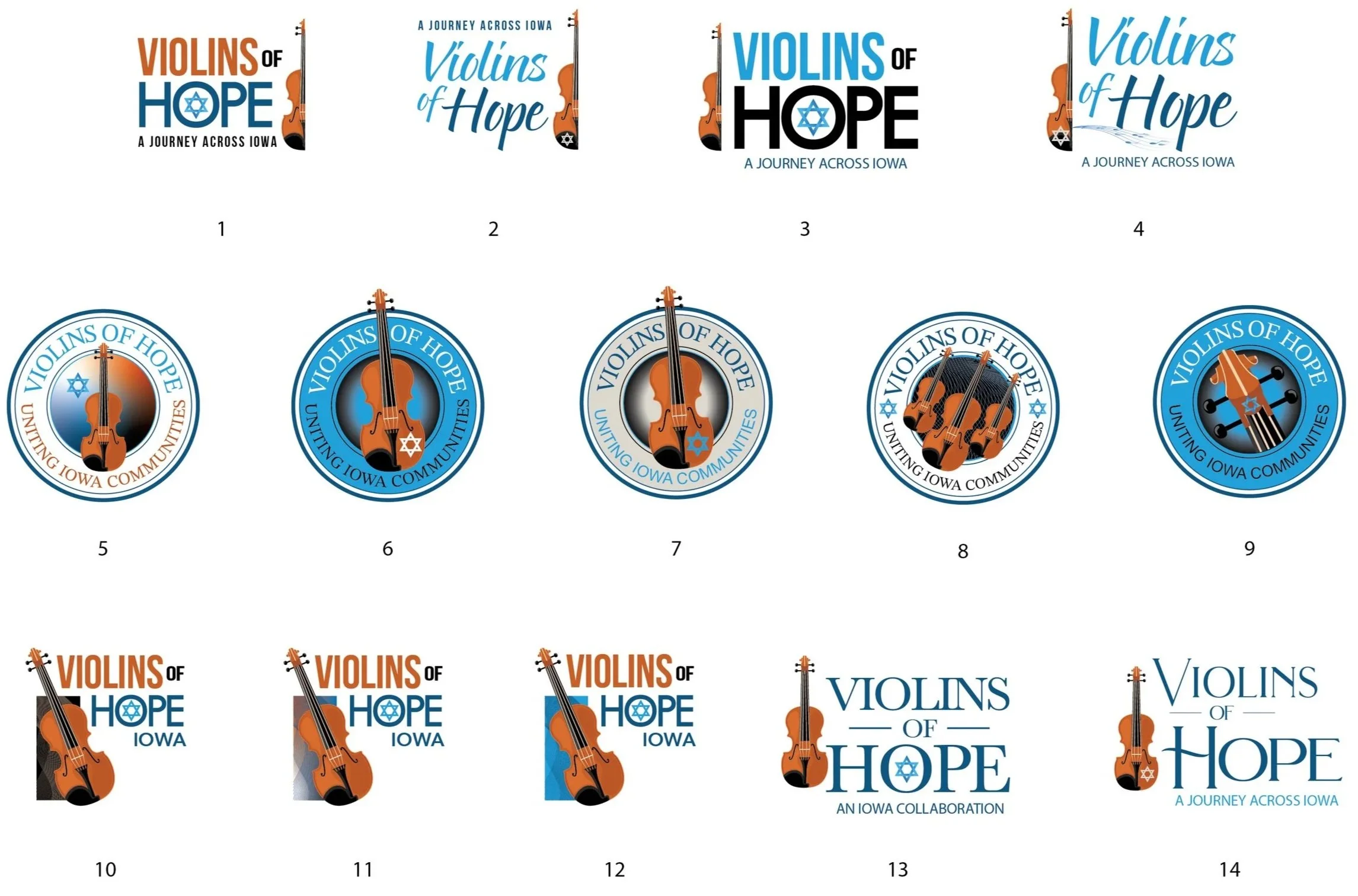 Collection of logos and promotional images for 'Violins of Hope,' featuring a violin with a Star of David and text referencing Iowa and collaboration.