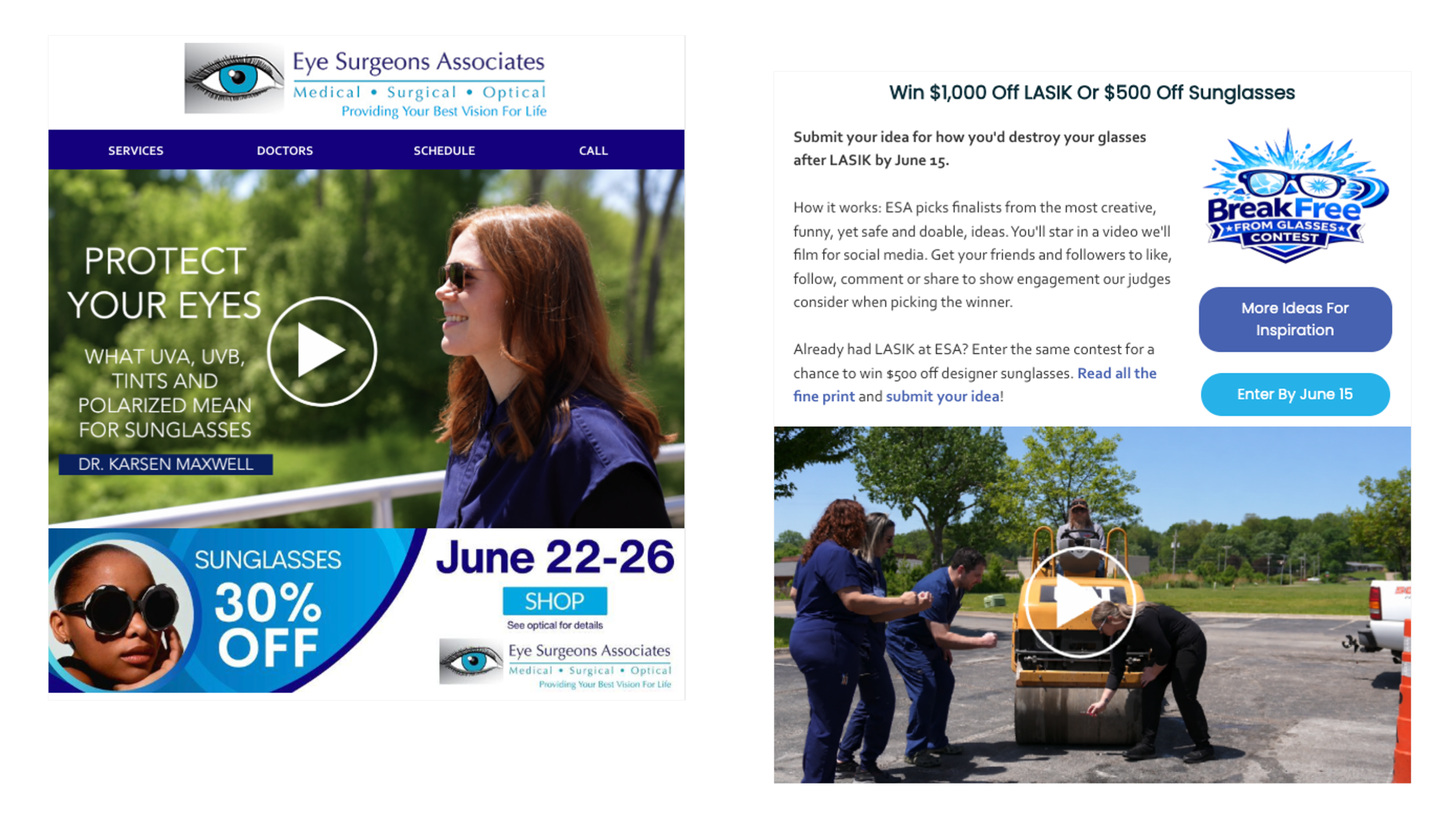 Advertising flyer for Eye Surgeons Associates promoting sunglasses and LASIK eye surgery. The flyer features a woman with sunglasses outdoors, details about discounts, and a contest to win designer sunglasses. Nearby, a photograph shows people working outdoors on a sunny day.