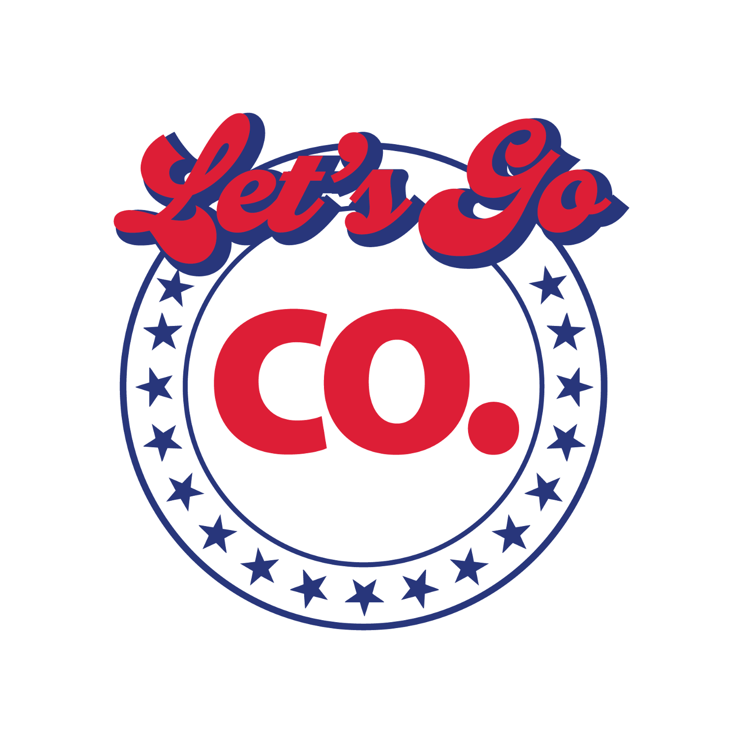 A logo with the text "Let's Go CO." in red and blue, featuring a circular design with blue stars around the edge.